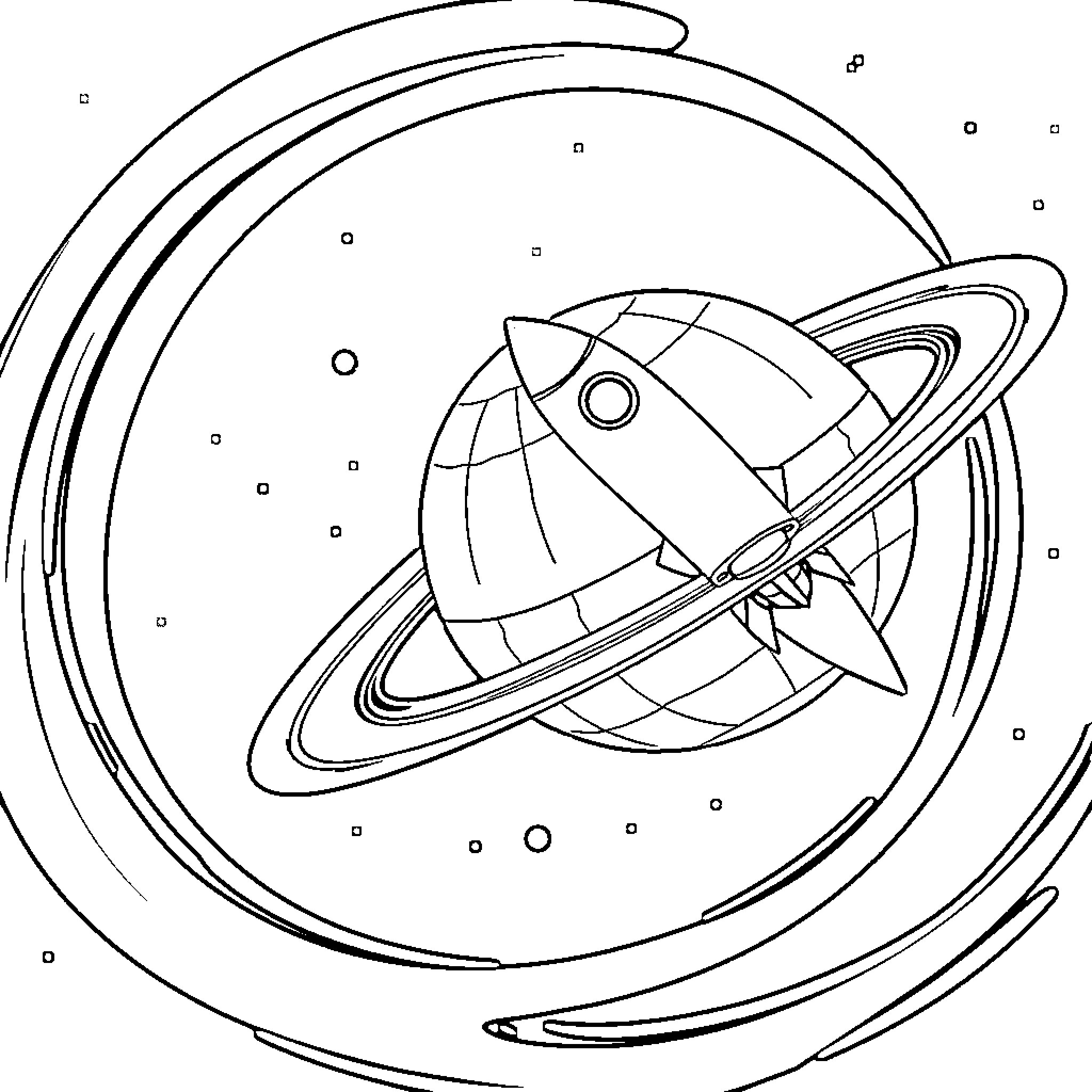 Pumpkin-Shaped Rocket Blasting Off in Space Coloring Page (free black-and-white line drawing printable PDF for all, from beginners to advanced learners, including children, teens, adults, and seniors)