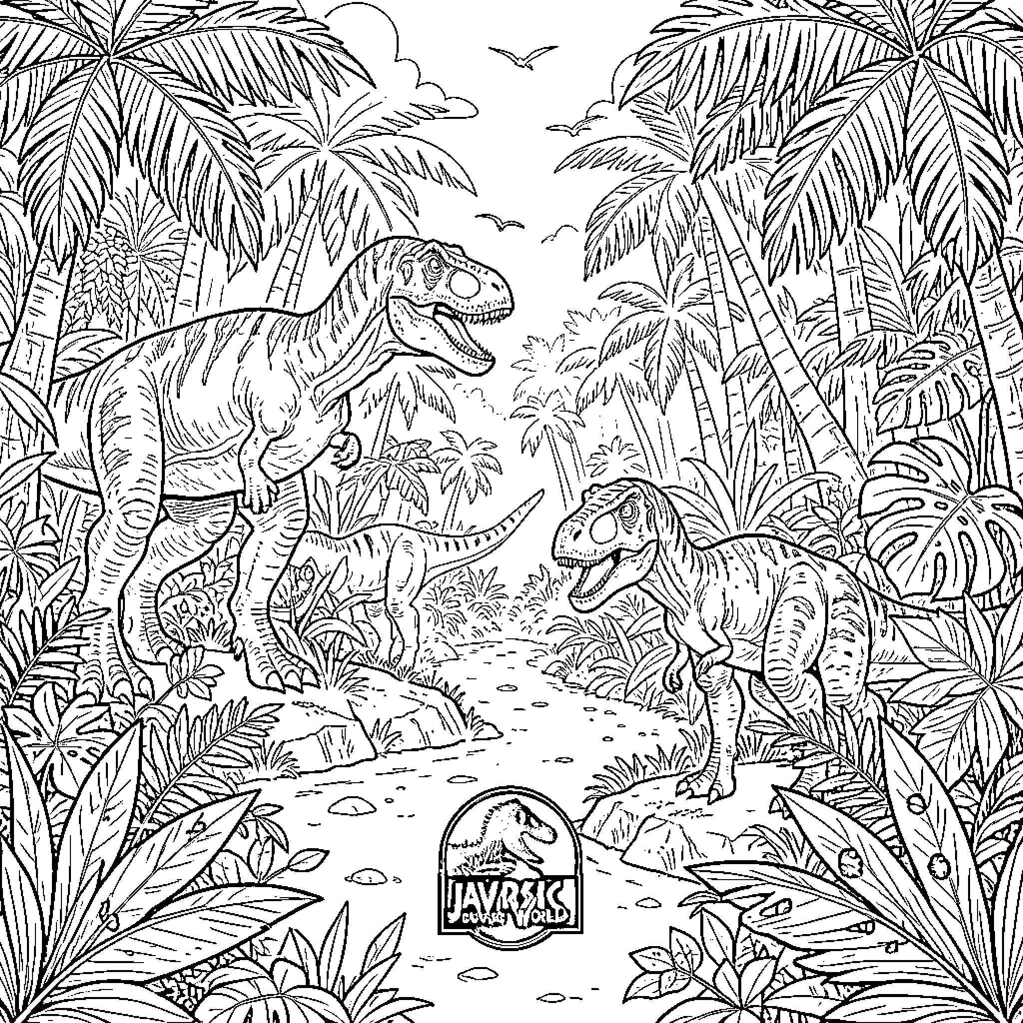 Dinosaur roaming through a dense tropical jungle Coloring Page (free black-and-white line drawing printable PDF for all, from beginners to advanced learners, including children, teens, adults, and seniors)