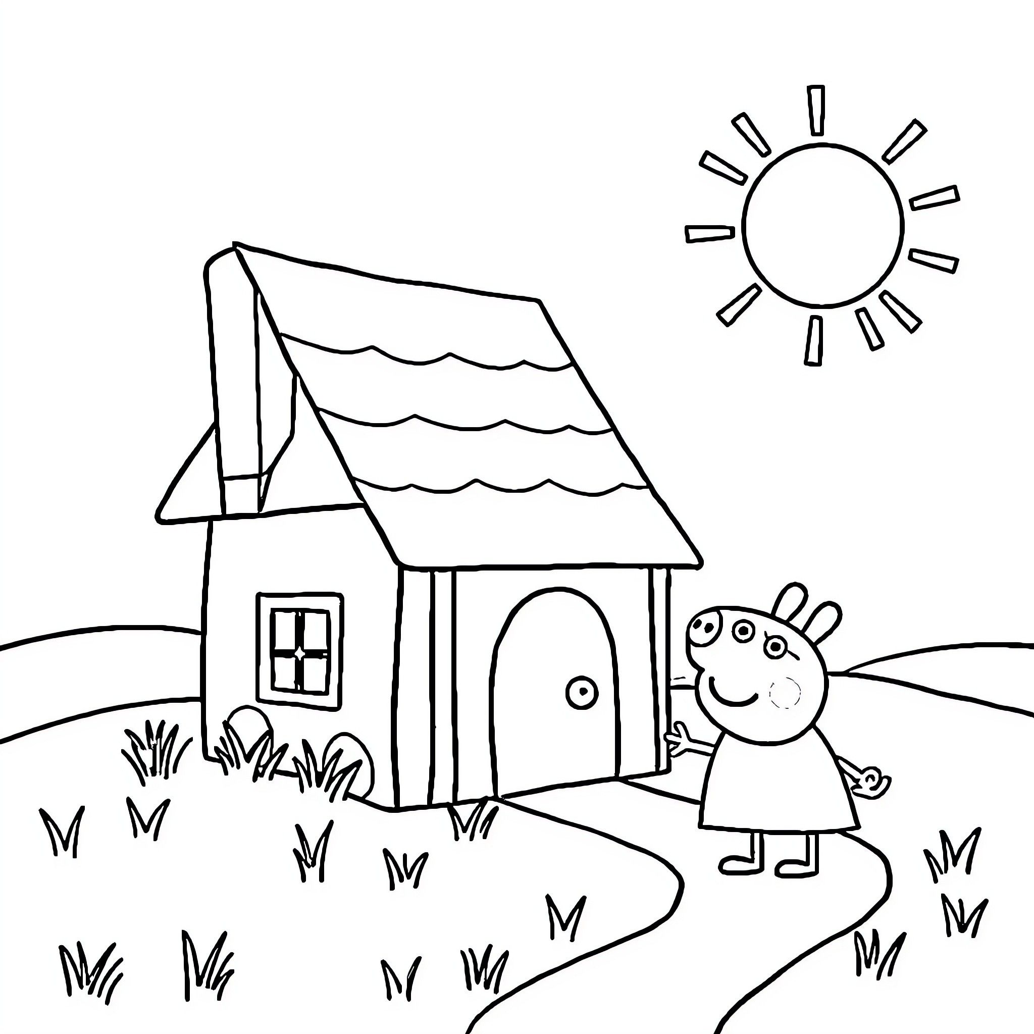 Peppa Pig enjoying a sunny day at her house Coloring Page (free black-and-white line drawing printable PDF for all, from beginners to advanced learners, including children, teens, adults, and seniors)