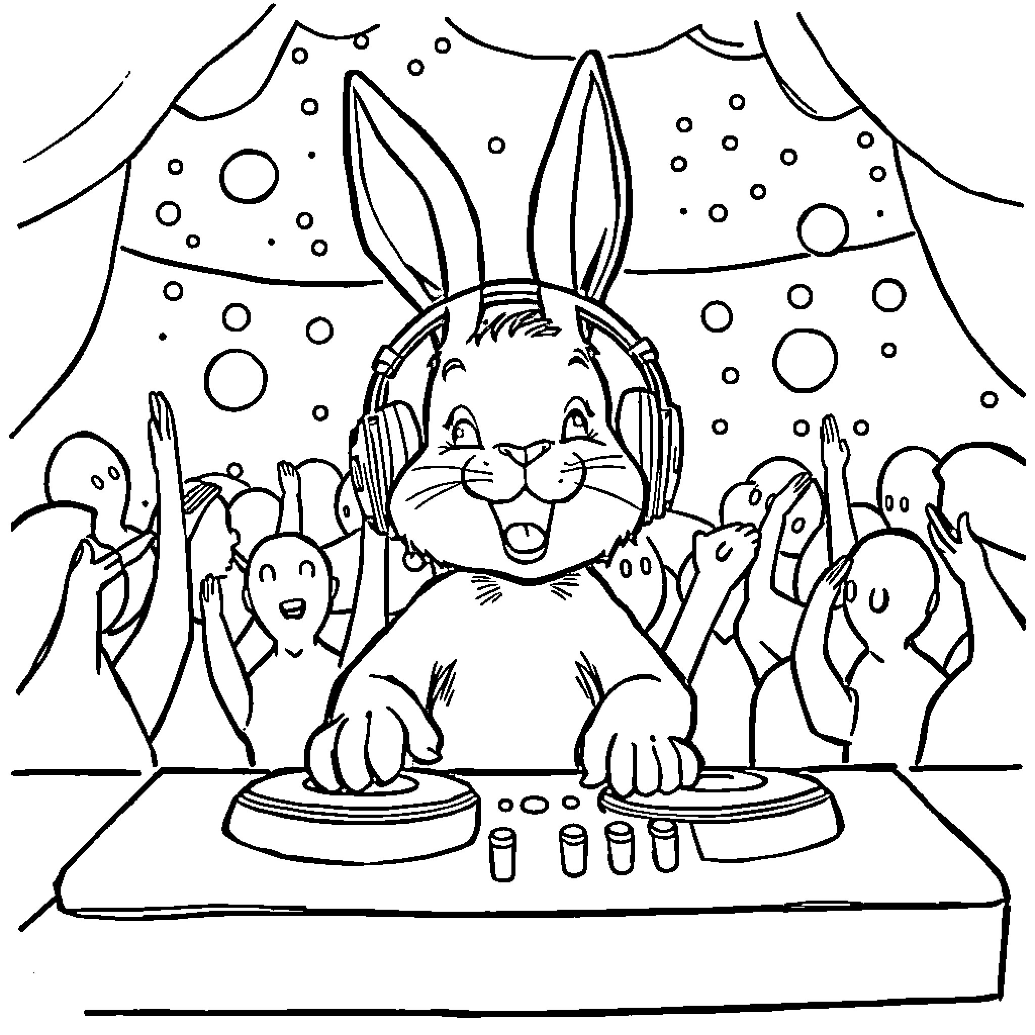 Bunny DJ entertaining a crowd of ghosts Coloring Page (free black-and-white line drawing printable PDF for all, from beginners to advanced learners, including children, teens, adults, and seniors)