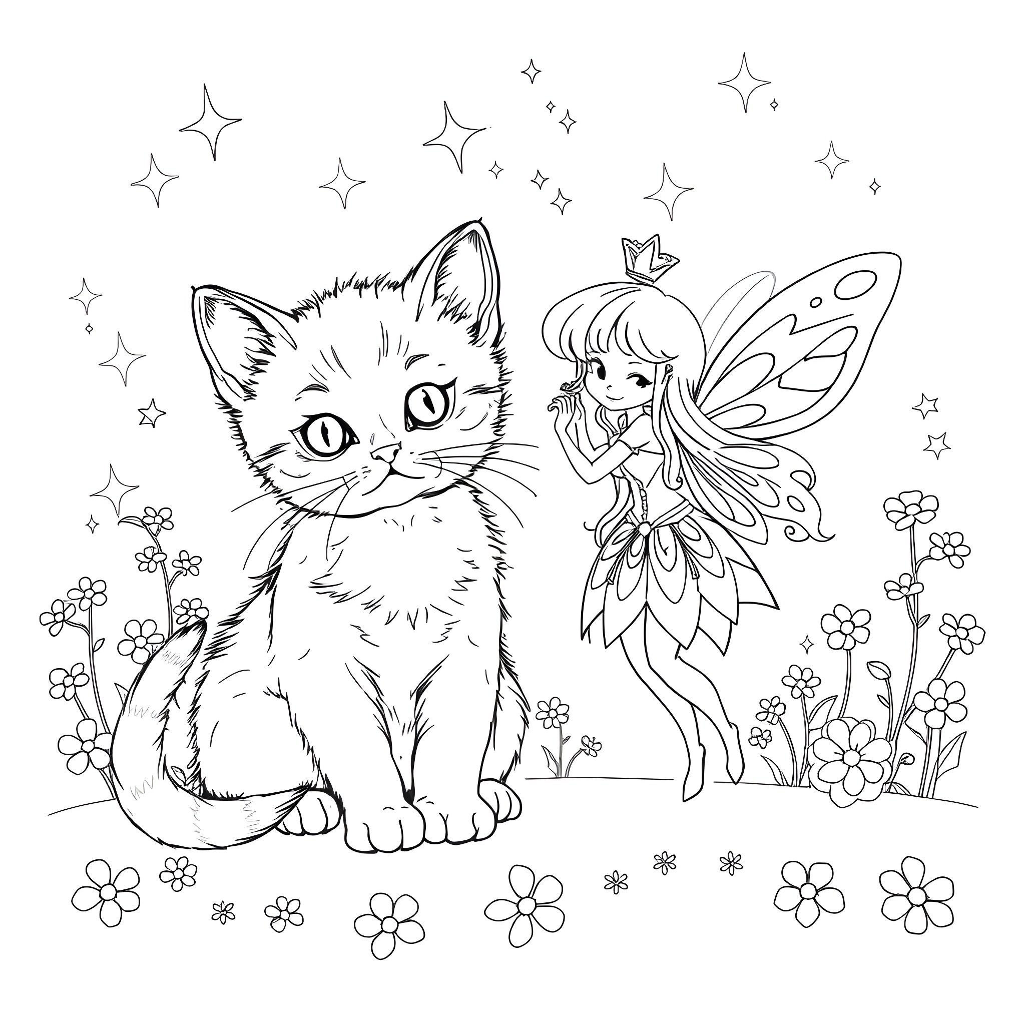Kitten and Fairy in Floral Garden Coloring Page (free black-and-white line drawing printable PDF for all, from beginners to advanced learners, including children, teens, adults, and seniors)