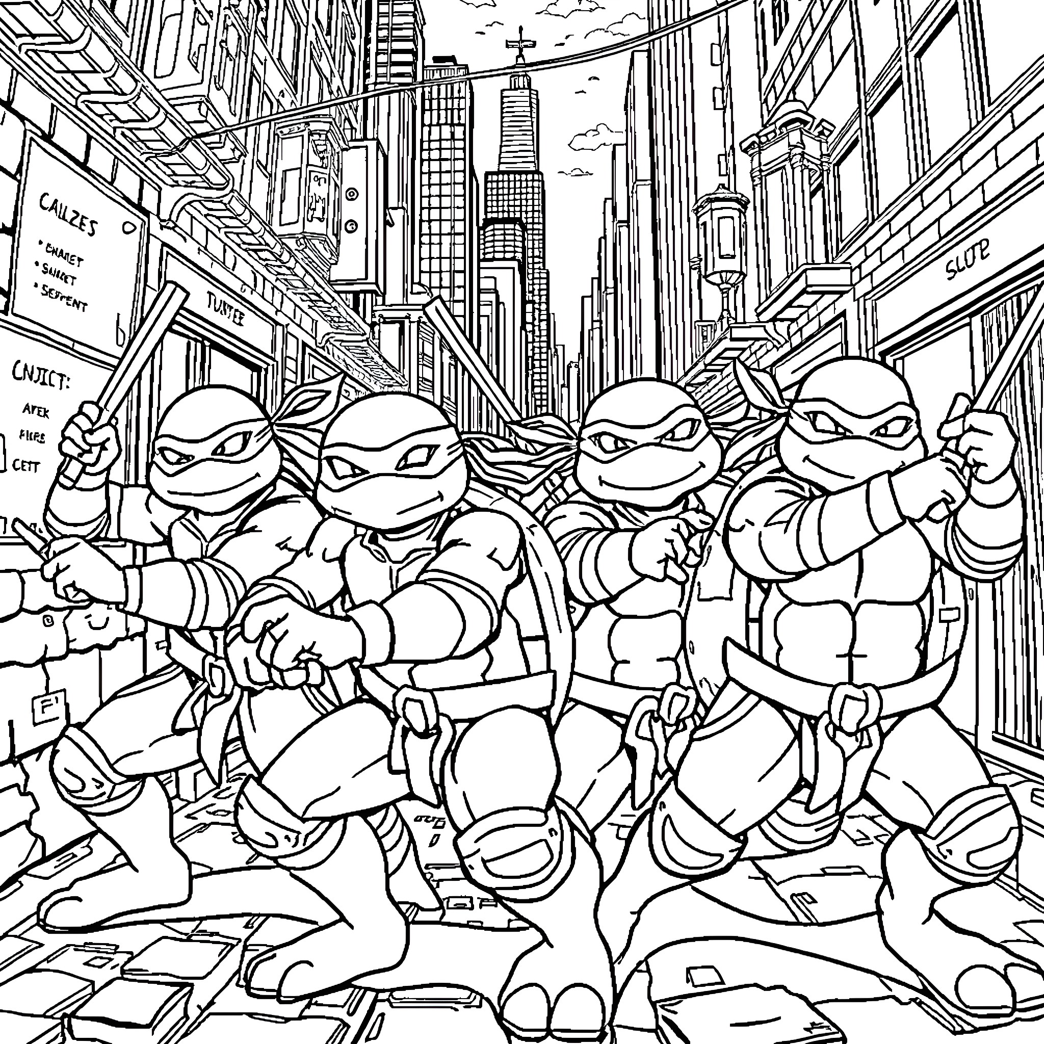 Teenage Mutant Ninja Turtles battling in the city streets Coloring Page (free black-and-white line drawing printable PDF for all, from beginners to advanced learners, including children, teens, adults, and seniors)