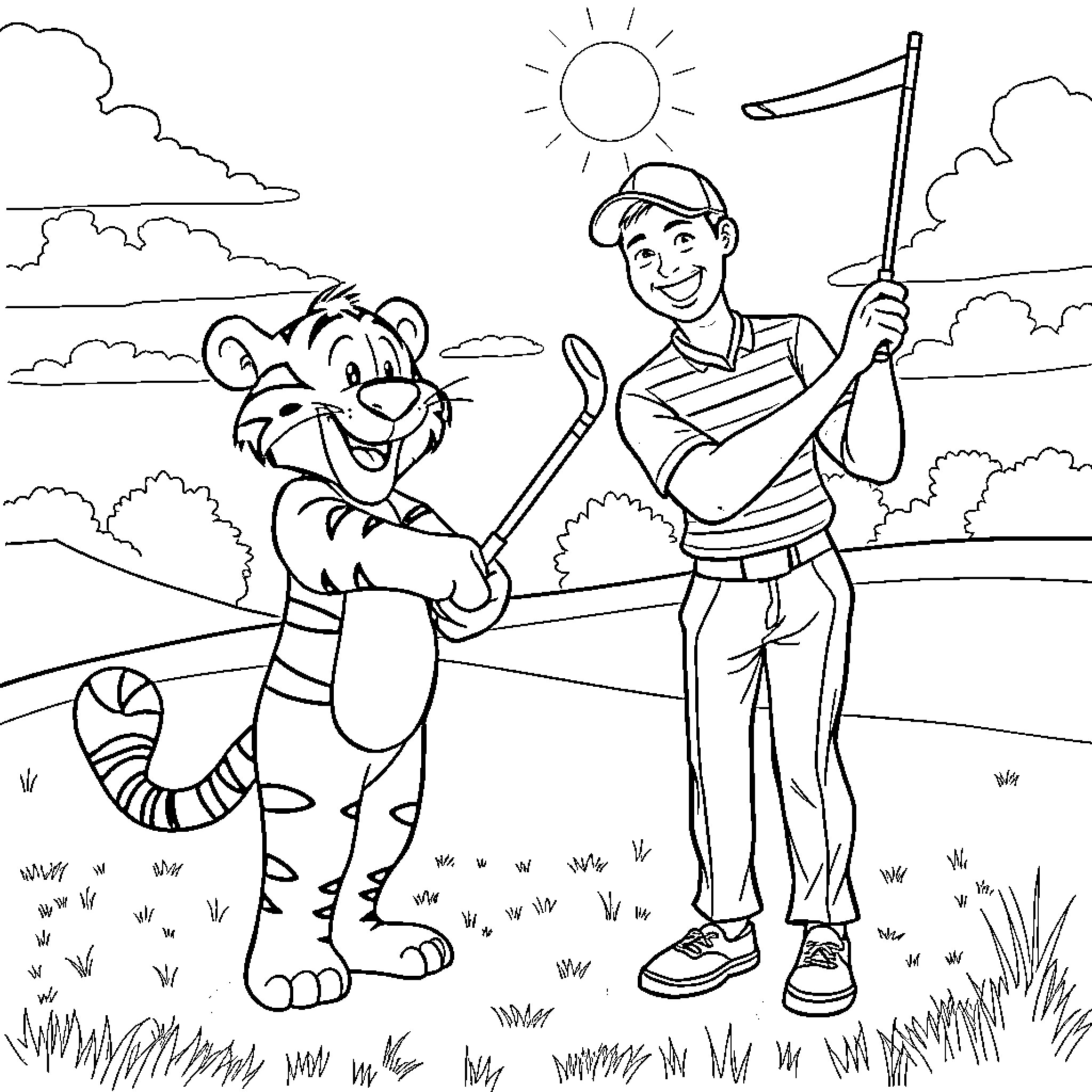 Tony the Tiger golfing with a young boy in the park Coloring Page (free black-and-white line drawing printable PDF for all, from beginners to advanced learners, including children, teens, adults, and seniors)