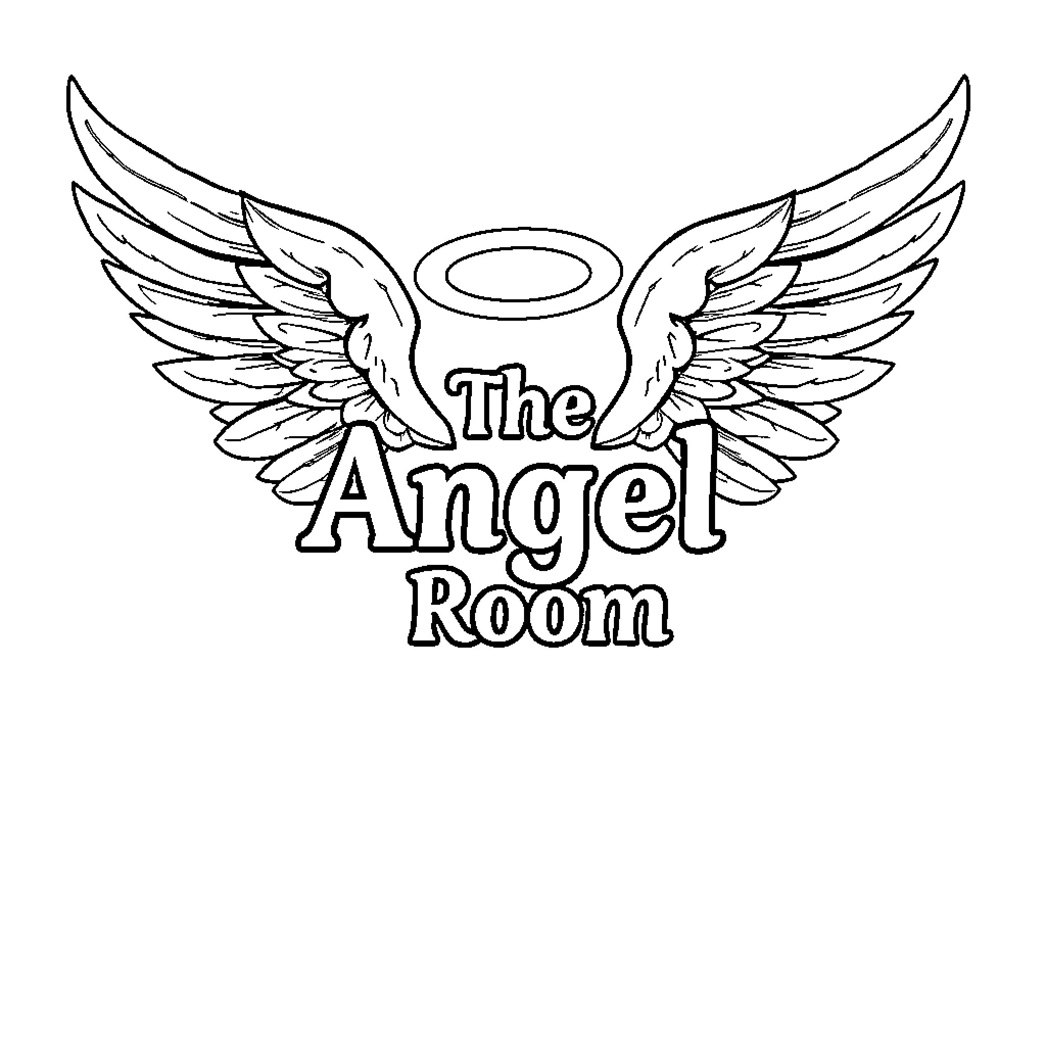 Angel Room with Wings and Halo Coloring Page (free black-and-white line drawing printable PDF for all, from beginners to advanced learners, including children, teens, adults, and seniors)