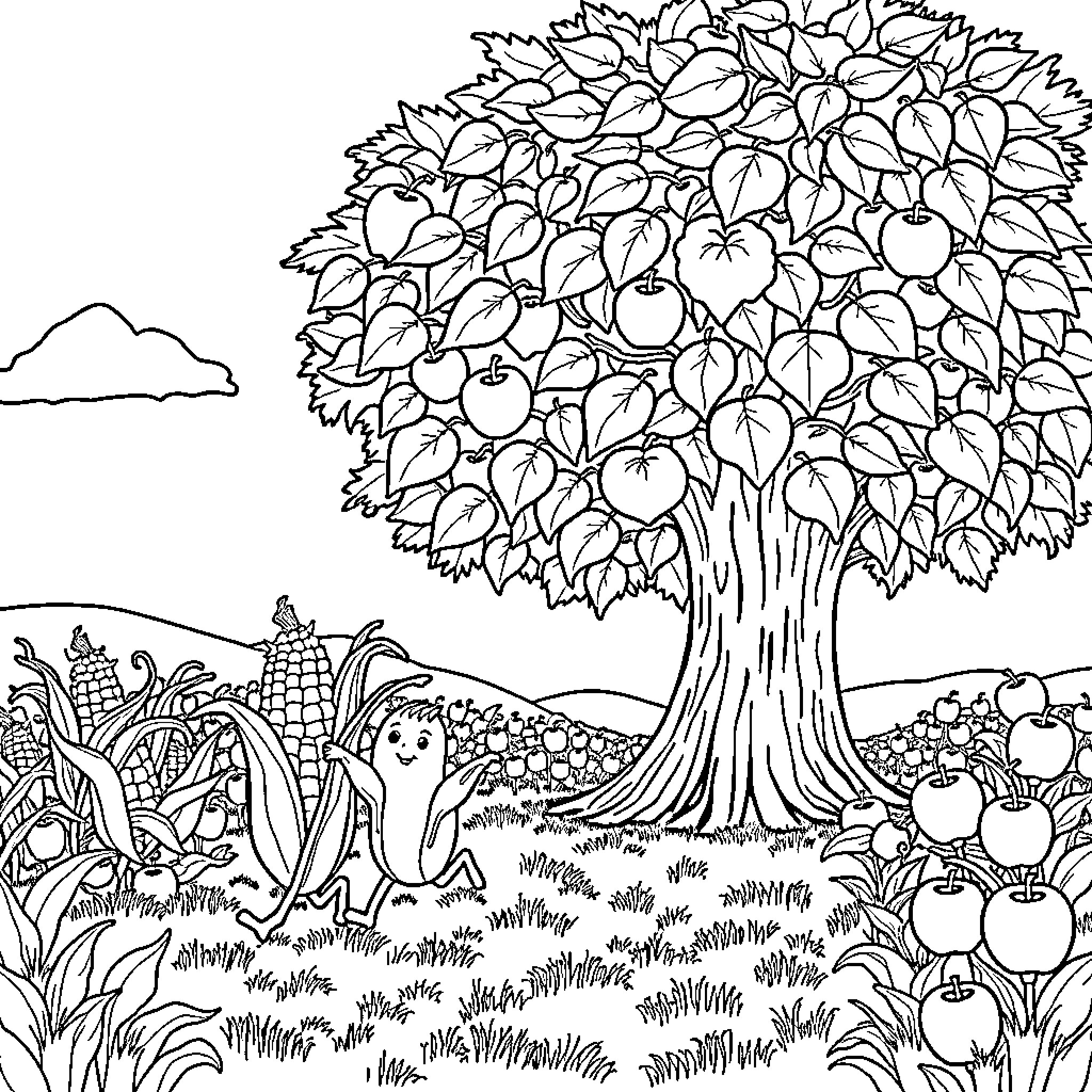 Corn Harvest Time in the Orchard Coloring Page (free black-and-white line drawing printable PDF for all, from beginners to advanced learners, including children, teens, adults, and seniors)