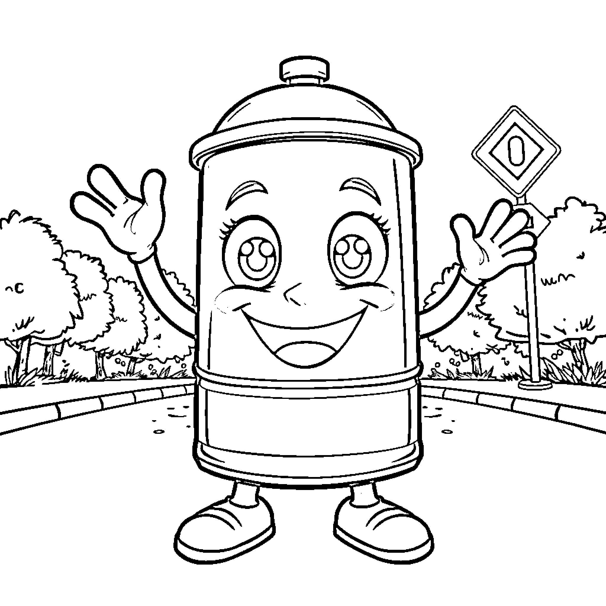 Traffic Barrel Waving Happily on the Road Coloring Page (free black-and-white line drawing printable PDF for all, from beginners to advanced learners, including children, teens, adults, and seniors)