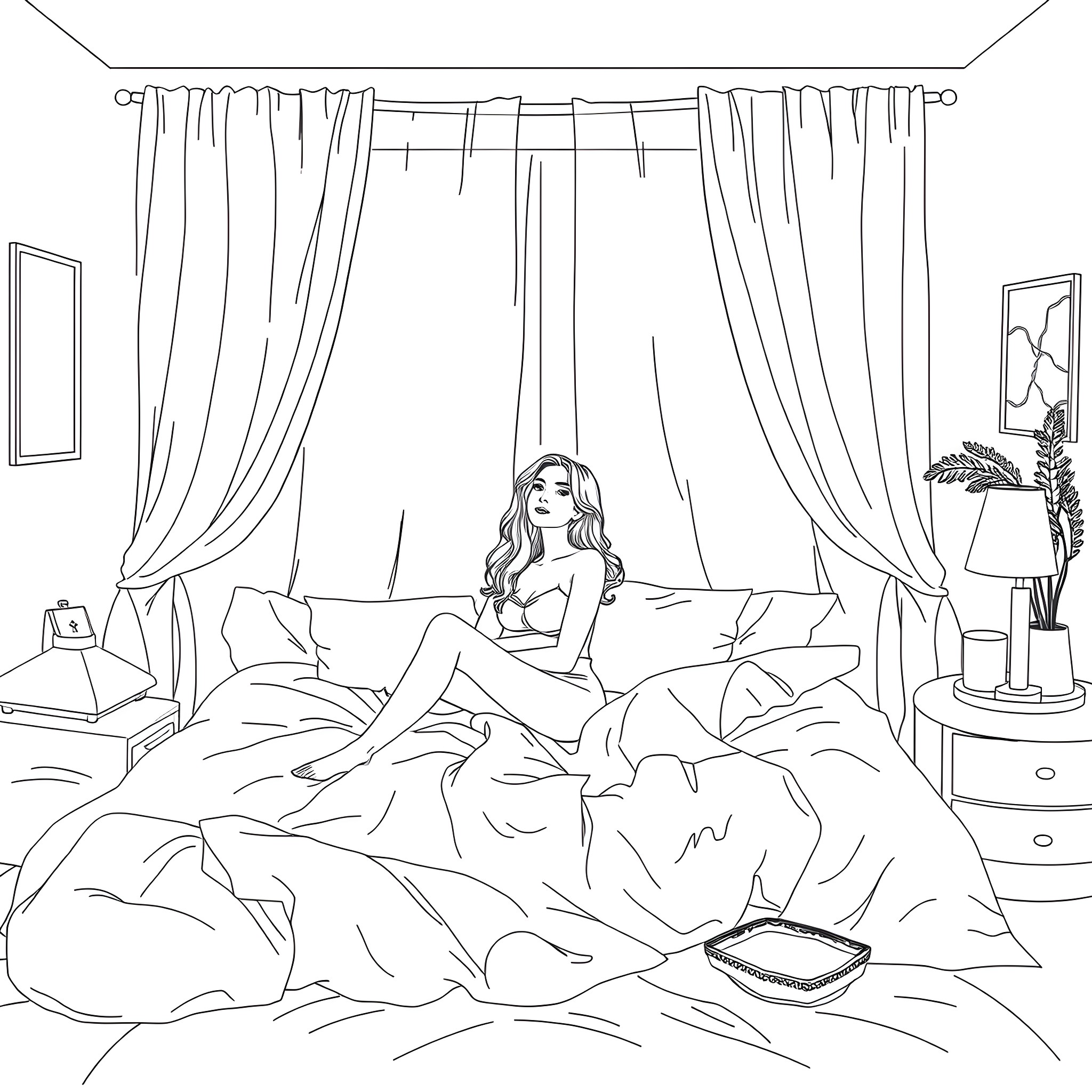 Woman relaxing in cozy bedroom scene Coloring Page (free black-and-white line drawing printable PDF for all, from beginners to advanced learners, including children, teens, adults, and seniors)
