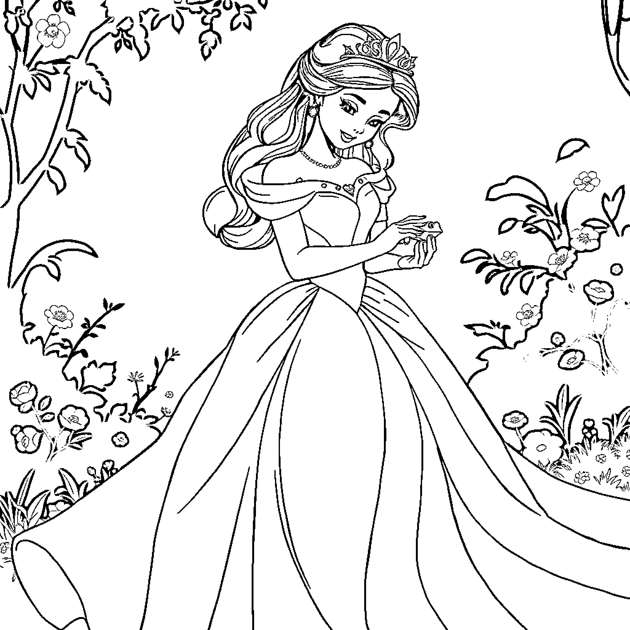Princess in a Graceful Garden Scene Coloring Page (free black-and-white line drawing printable PDF for all, from beginners to advanced learners, including children, teens, adults, and seniors)
