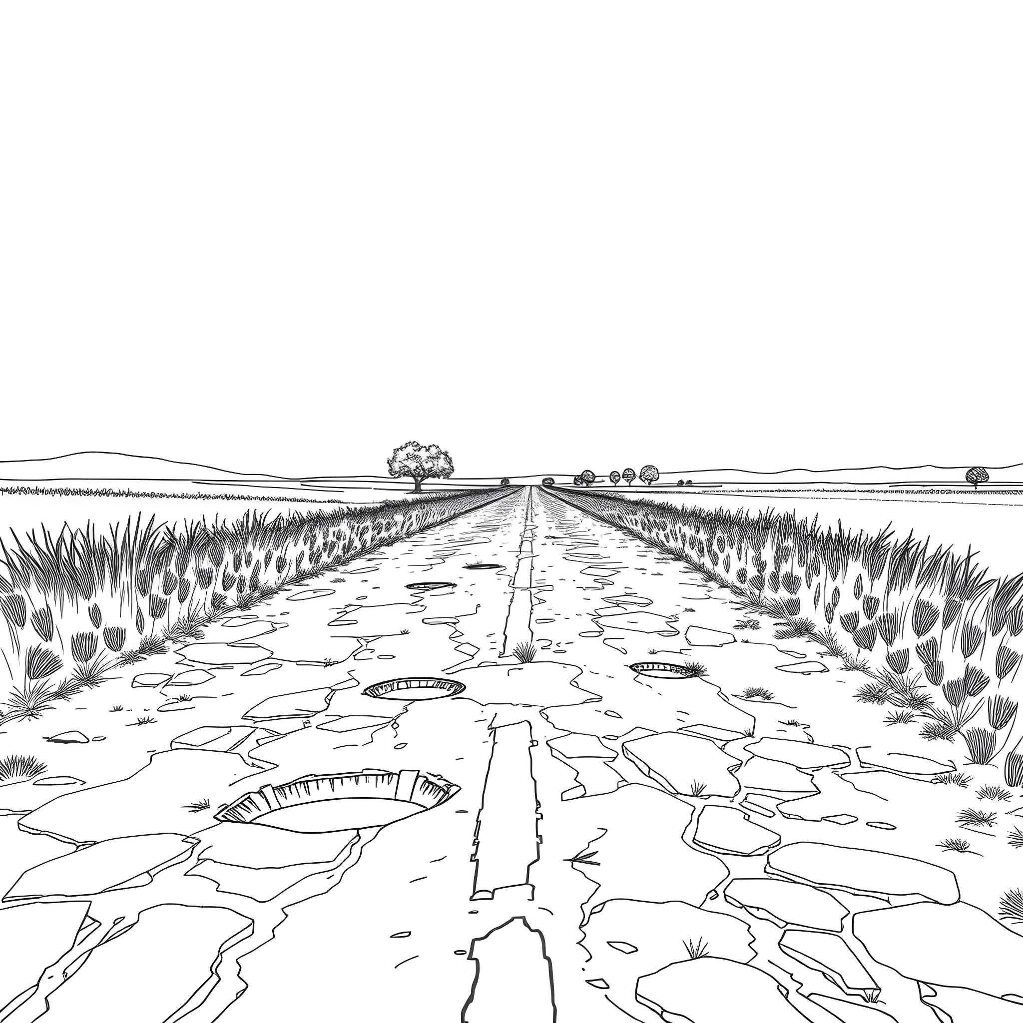 Pothole-filled rural road through grassy countryside Coloring Page (free black-and-white line drawing printable PDF for all, from beginners to advanced learners, including children, teens, adults, and seniors)