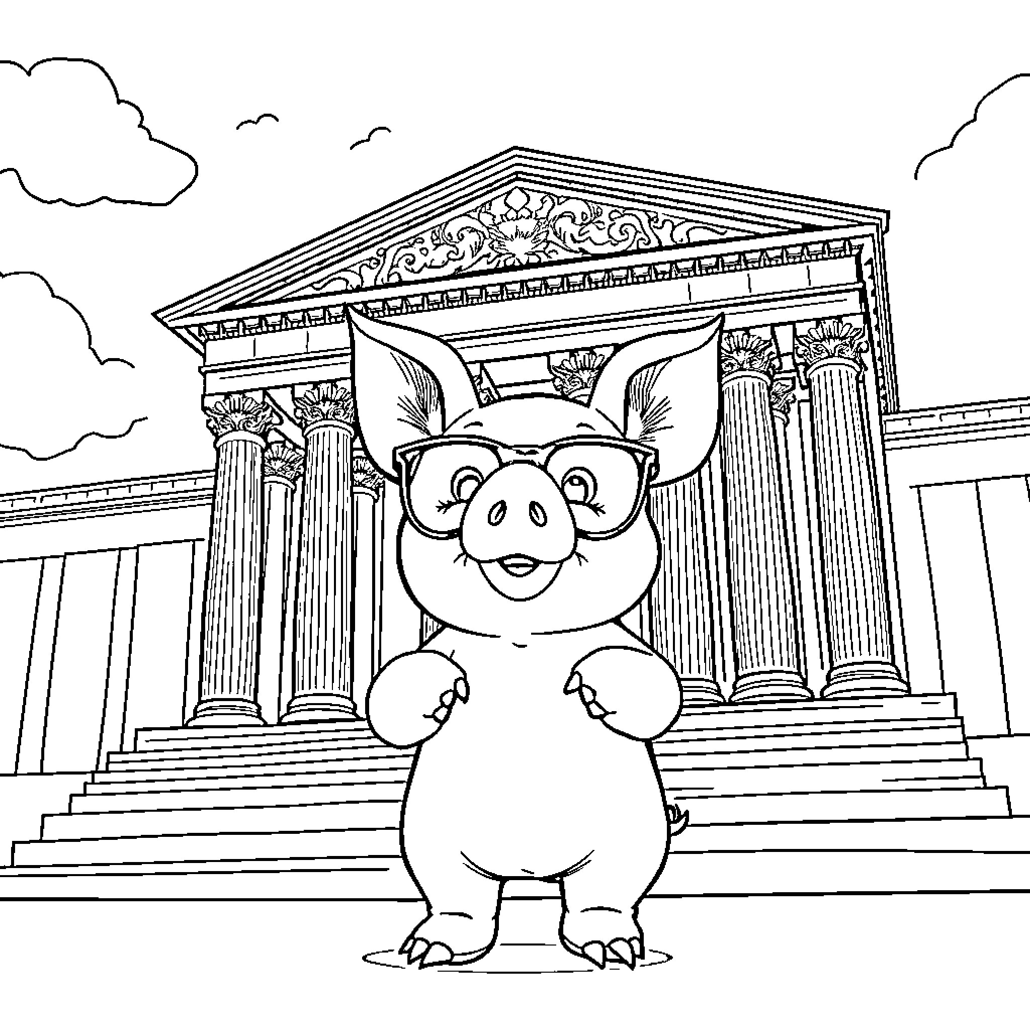 Squealer posing in front of a grand building Coloring Page (free black-and-white line drawing printable PDF for all, from beginners to advanced learners, including children, teens, adults, and seniors)