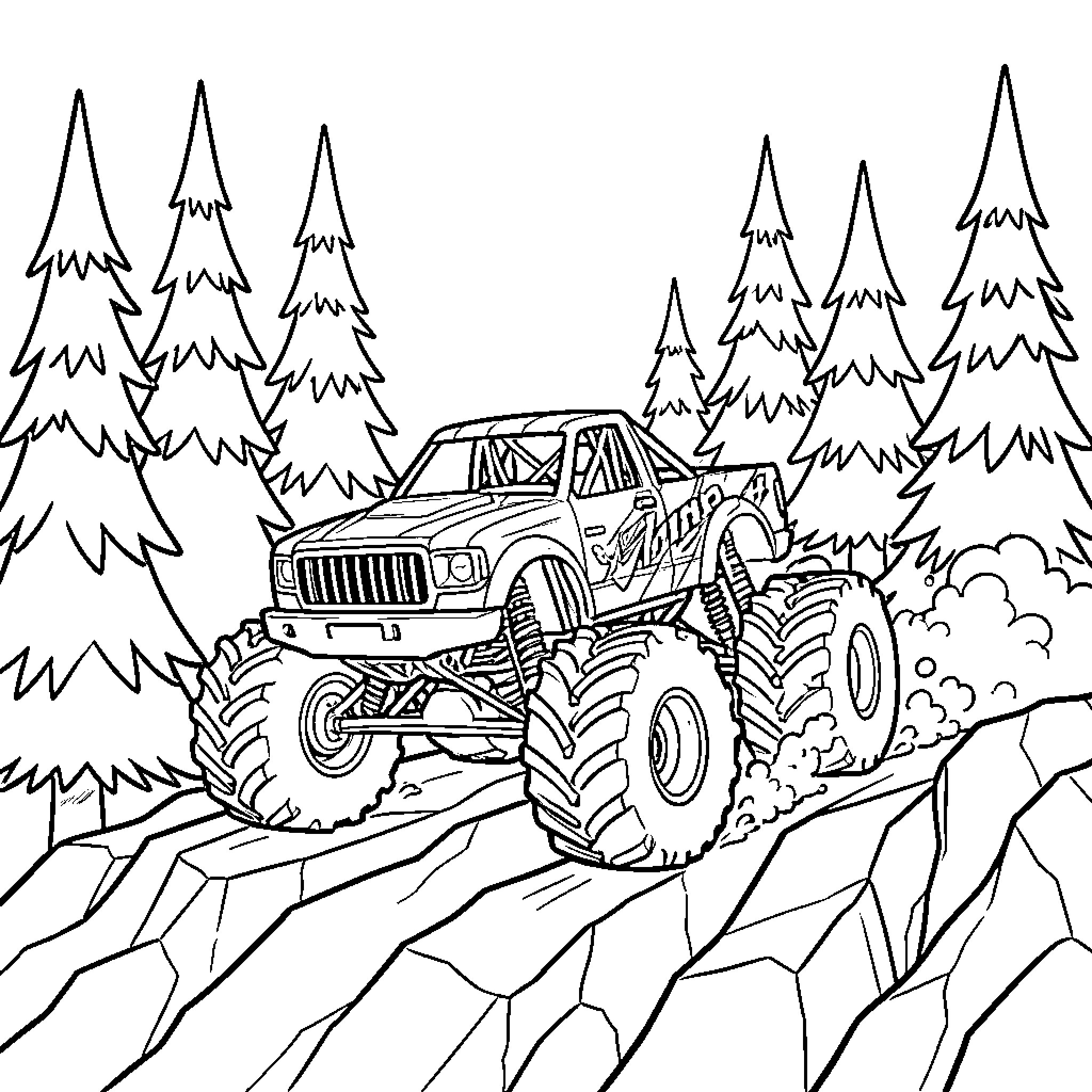 Monster Truck Traversing Rugged Terrain in Snowy Forest Coloring Page (free black-and-white line drawing printable PDF for all, from beginners to advanced learners, including children, teens, adults, and seniors)