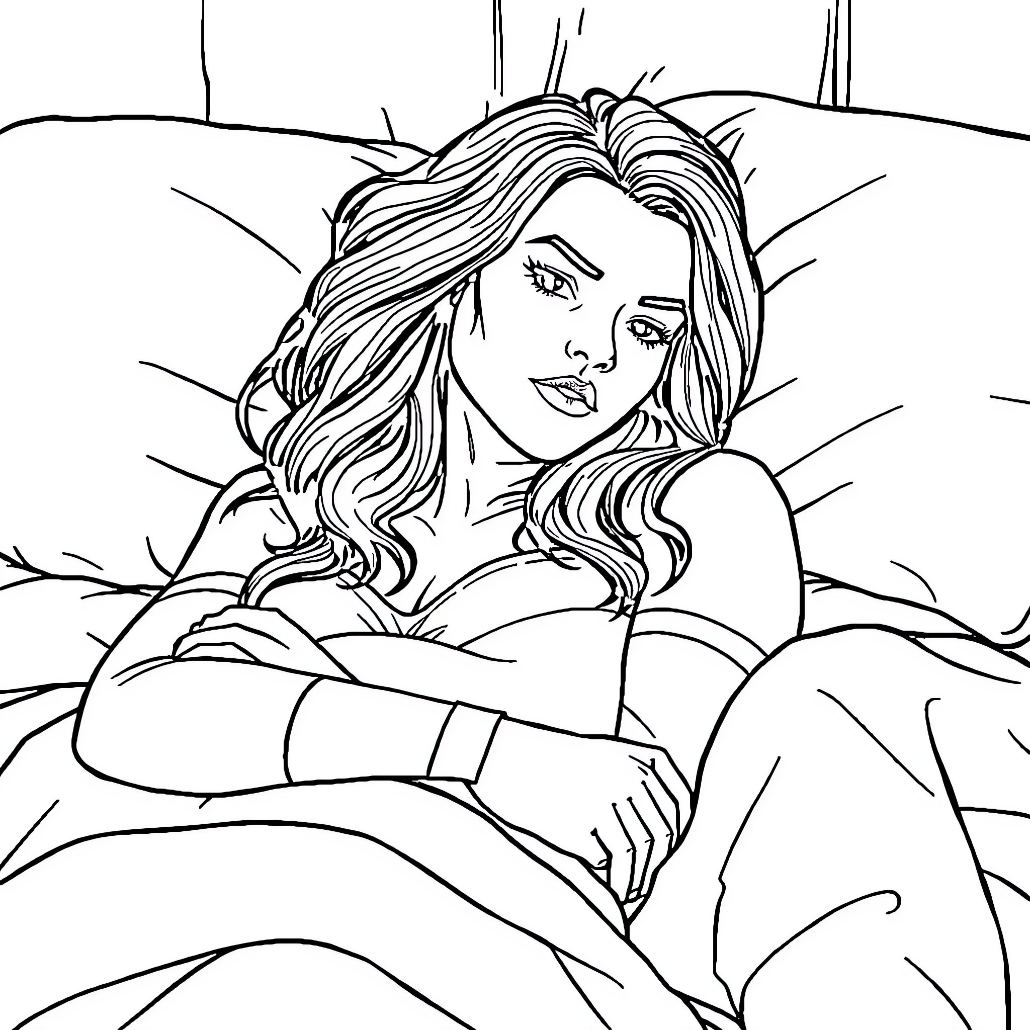 Gal Gadot in pensive contemplation Coloring Page (free black-and-white line drawing printable PDF for all, from beginners to advanced learners, including children, teens, adults, and seniors)