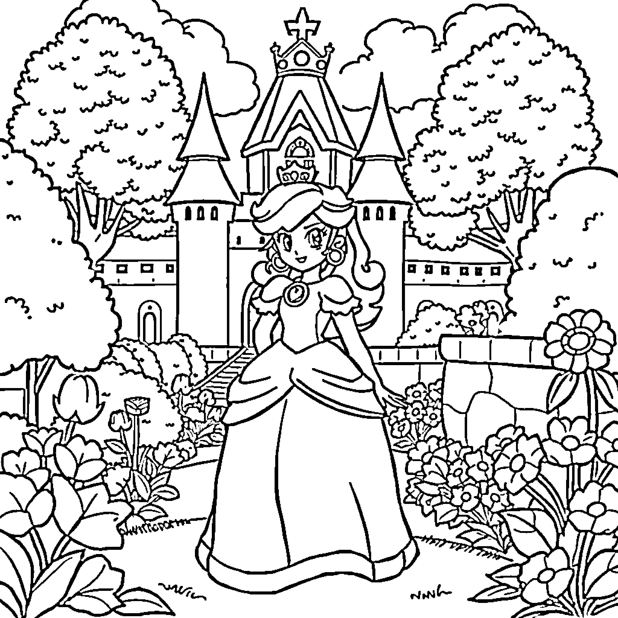 Princess in a Whimsical Castle Garden Coloring Page (free black-and-white line drawing printable PDF for all, from beginners to advanced learners, including children, teens, adults, and seniors)