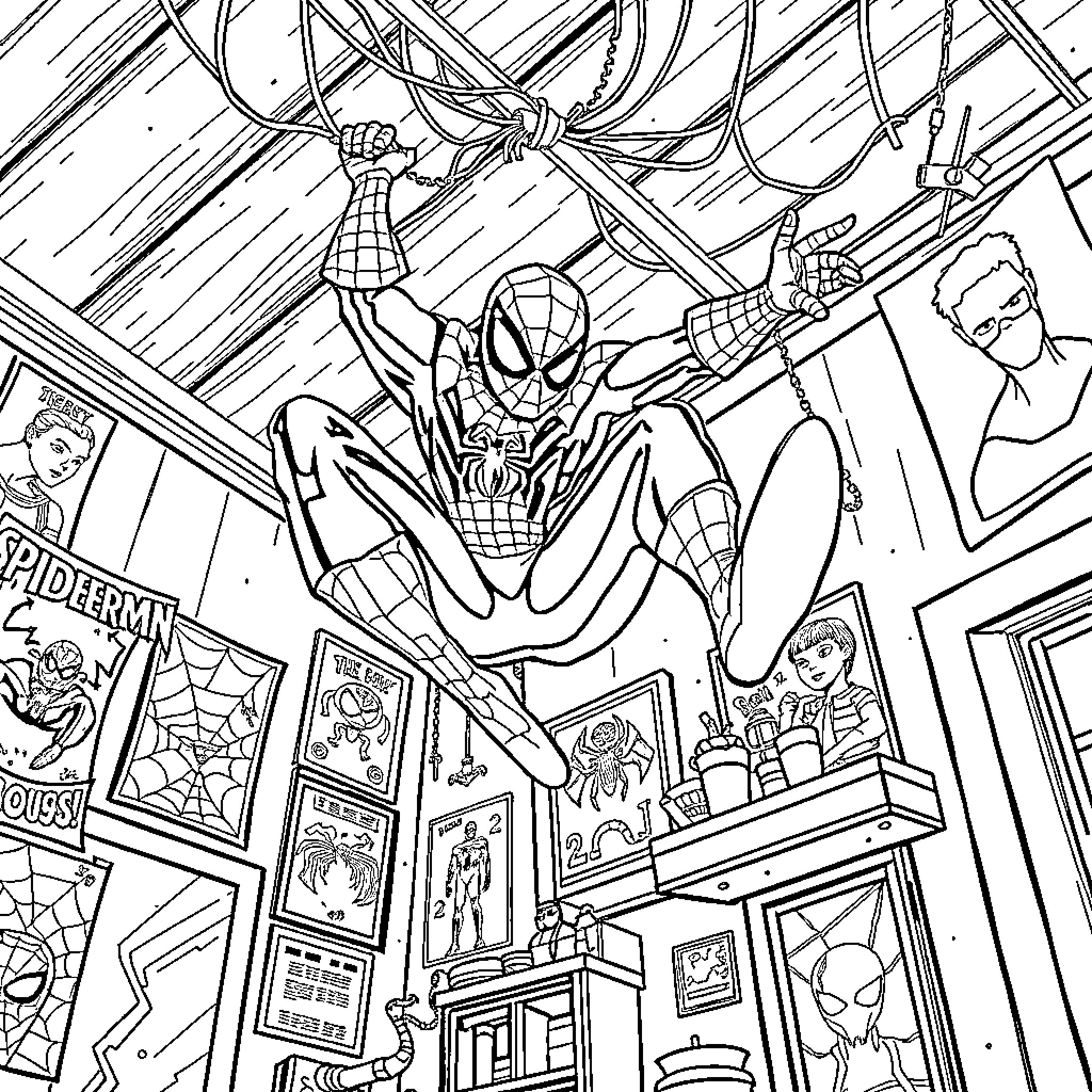 Spider-Man swinging through a comic book store Coloring Page (free black-and-white line drawing printable PDF for all, from beginners to advanced learners, including children, teens, adults, and seniors)