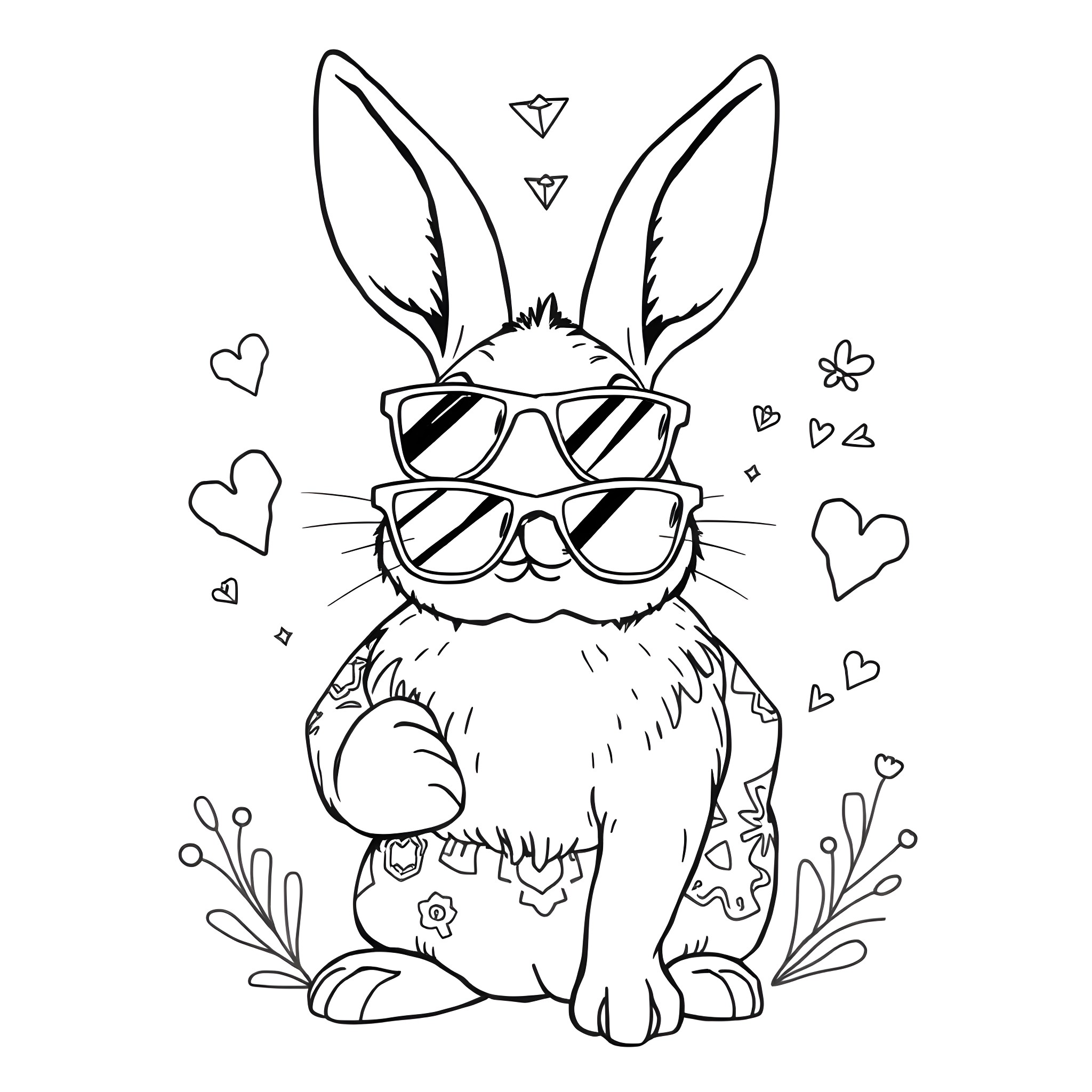 Rabbit wearing sunglasses in a whimsical scene Coloring Page (free black-and-white line drawing printable PDF for all, from beginners to advanced learners, including children, teens, adults, and seniors)