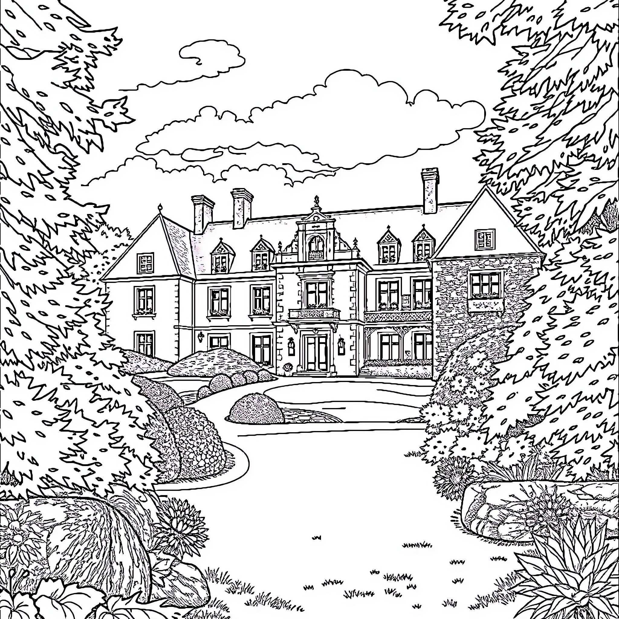 Manor surrounded by lush gardens and manicured landscaping Coloring Page (free black-and-white line drawing printable PDF for all, from beginners to advanced learners, including children, teens, adults, and seniors)