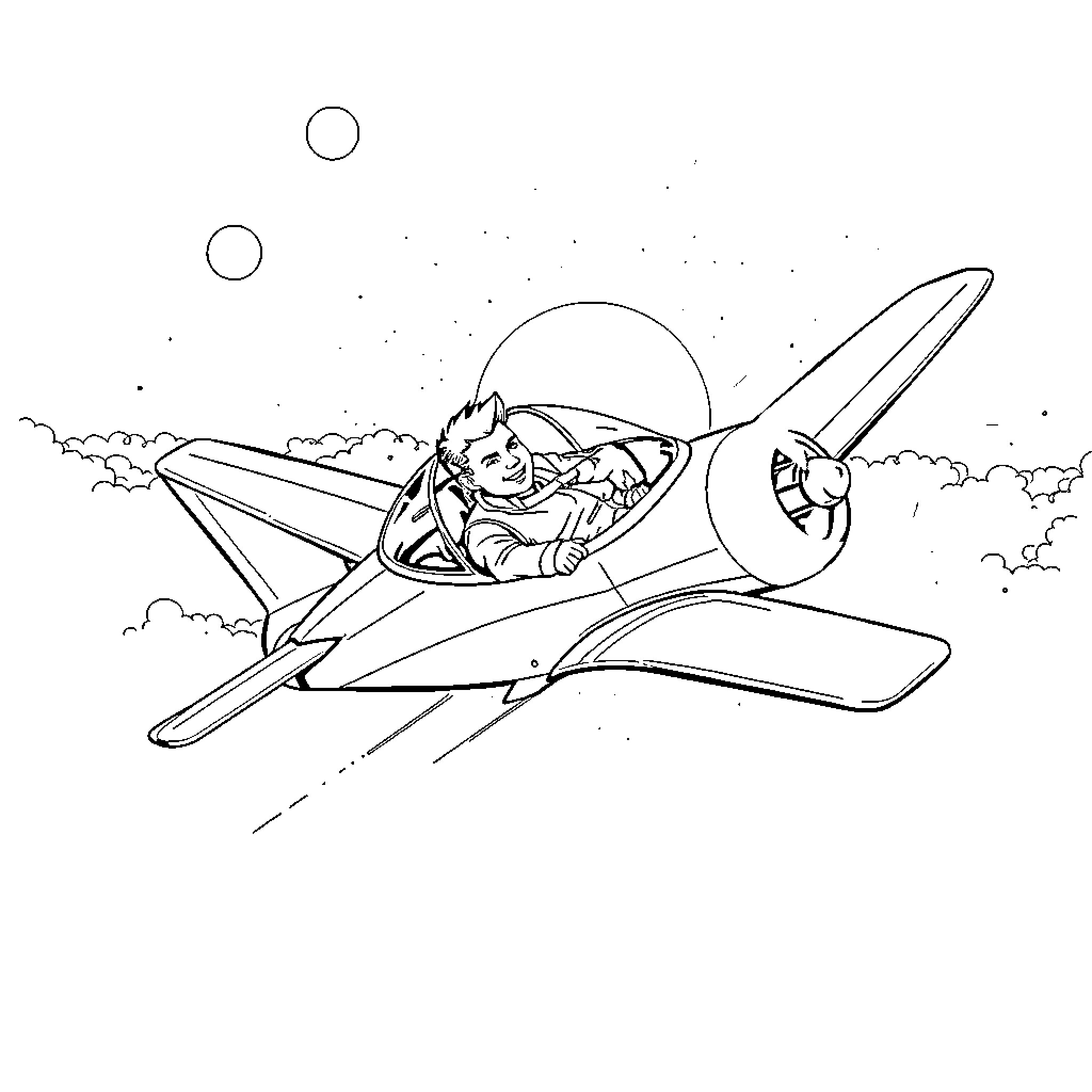 Airplane with character flying in the sky Coloring Page (free black-and-white line drawing printable PDF for all, from beginners to advanced learners, including children, teens, adults, and seniors)