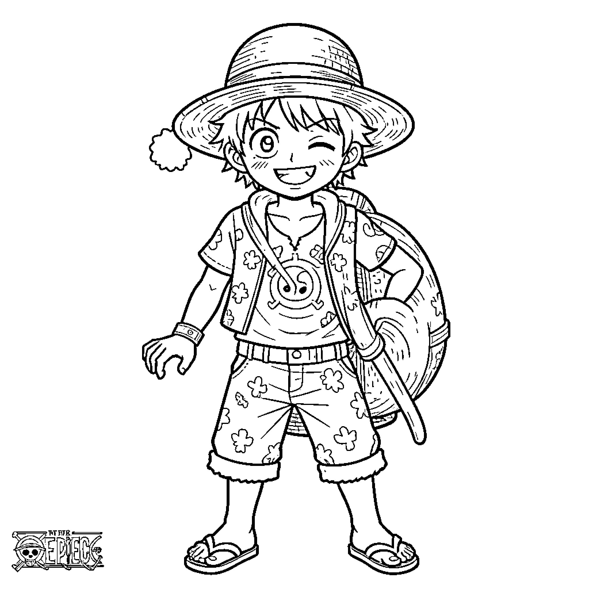 One Piece Character in Adventurous Outfit Coloring Page (free black-and-white line drawing printable PDF for all, from beginners to advanced learners, including children, teens, adults, and seniors)
