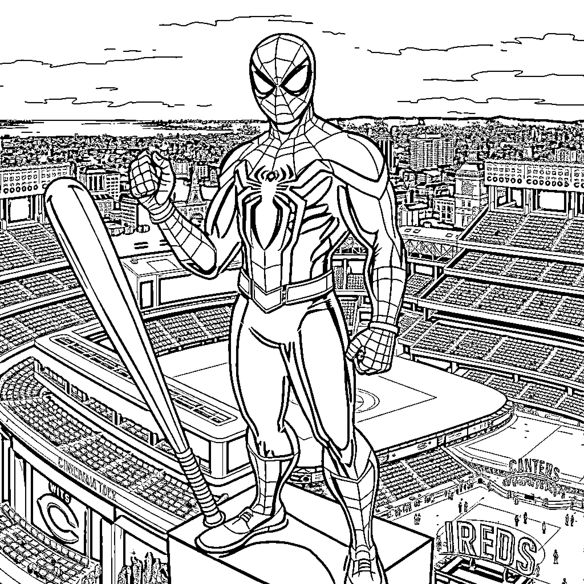 Spider-Man overlooking the city from a stadium Coloring Page (free black-and-white line drawing printable PDF for all, from beginners to advanced learners, including children, teens, adults, and seniors)