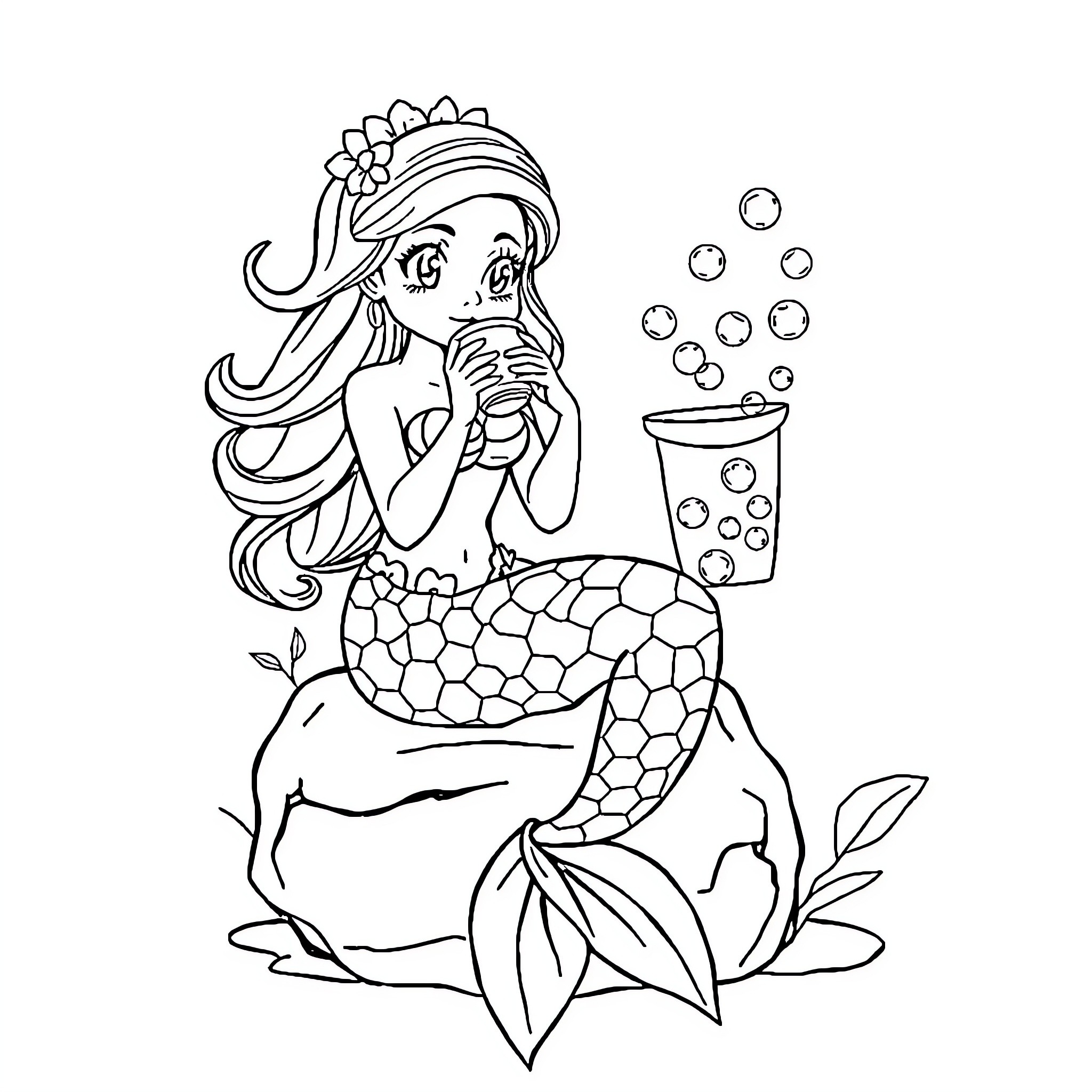 Mermaid Blowing Bubbles in the Ocean Coloring Page (free black-and-white line drawing printable PDF for all, from beginners to advanced learners, including children, teens, adults, and seniors)