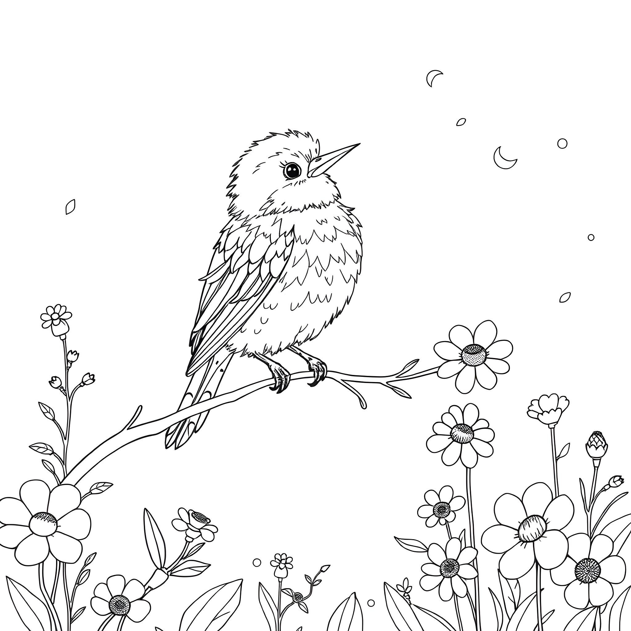 Babette the Bird Perched Amidst Flowers Coloring Page (free black-and-white line drawing printable PDF for all, from beginners to advanced learners, including children, teens, adults, and seniors)