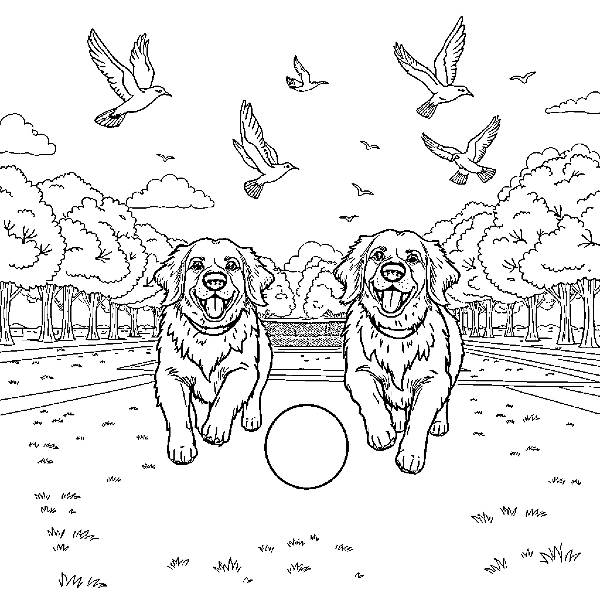 Perro playing joyfully with friends in the park Coloring Page (free black-and-white line drawing printable PDF for all, from beginners to advanced learners, including children, teens, adults, and seniors)