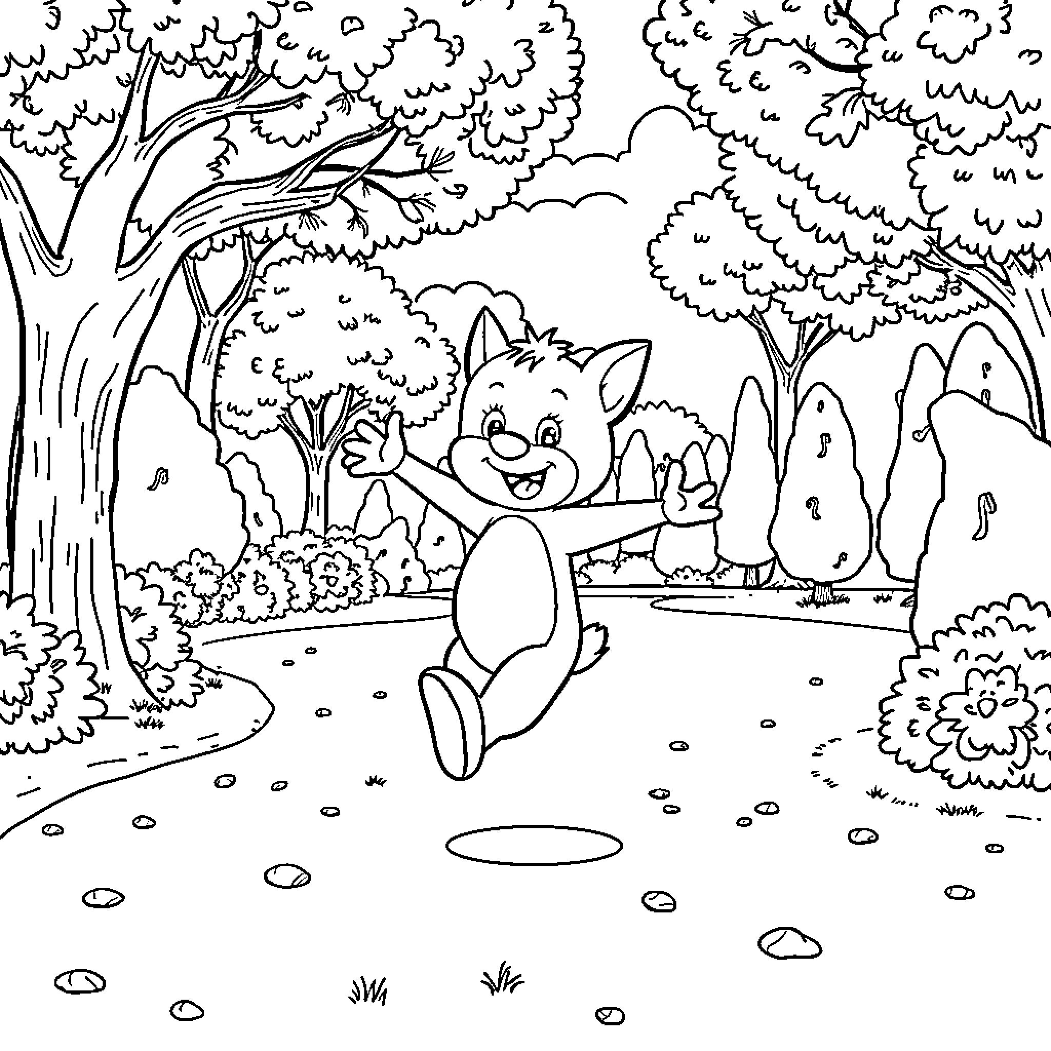 Bluey playing joyfully in the forest Coloring Page (free black-and-white line drawing printable PDF for all, from beginners to advanced learners, including children, teens, adults, and seniors)