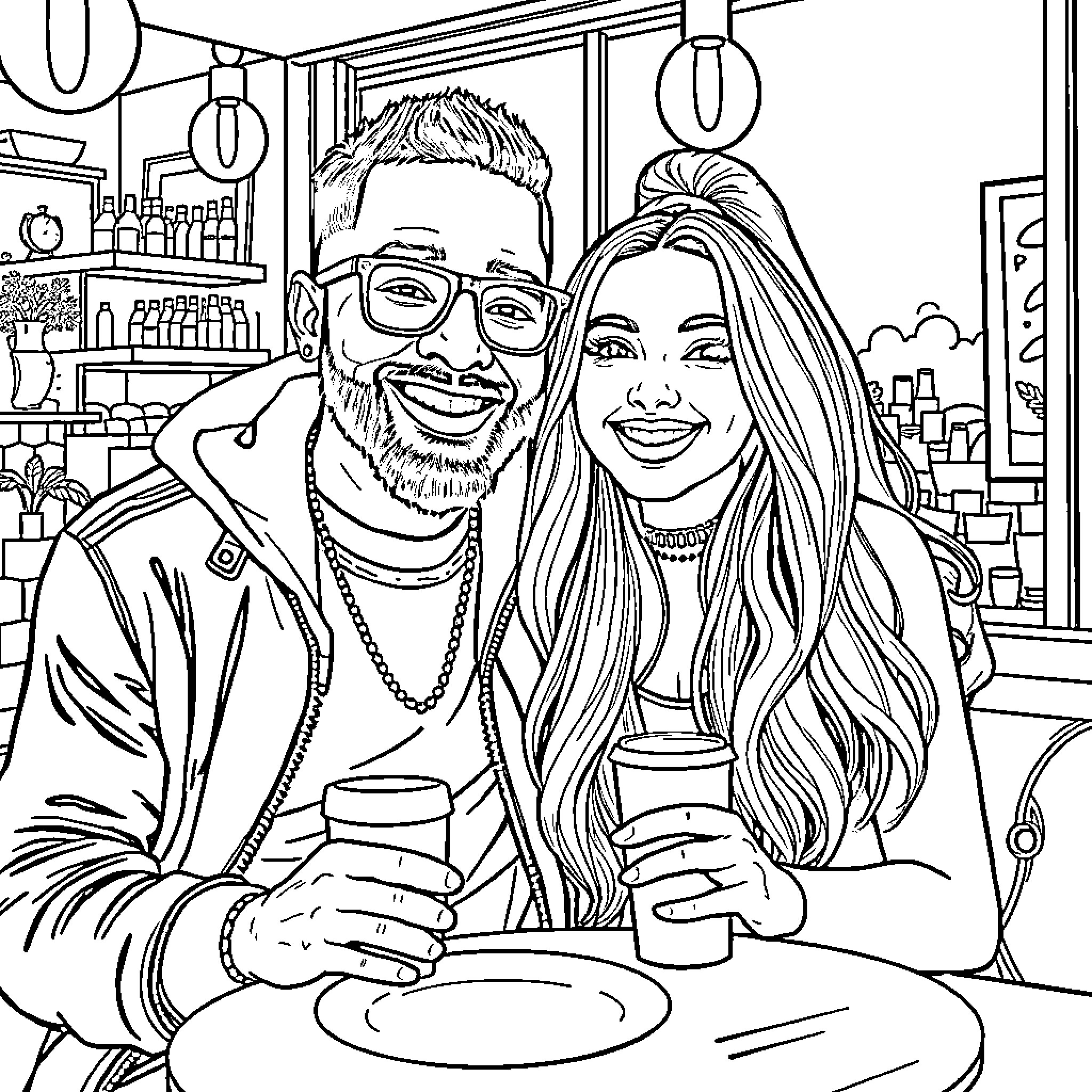 Mac Miller sharing a coffee with a friend Coloring Page (free black-and-white line drawing printable PDF for all, from beginners to advanced learners, including children, teens, adults, and seniors)