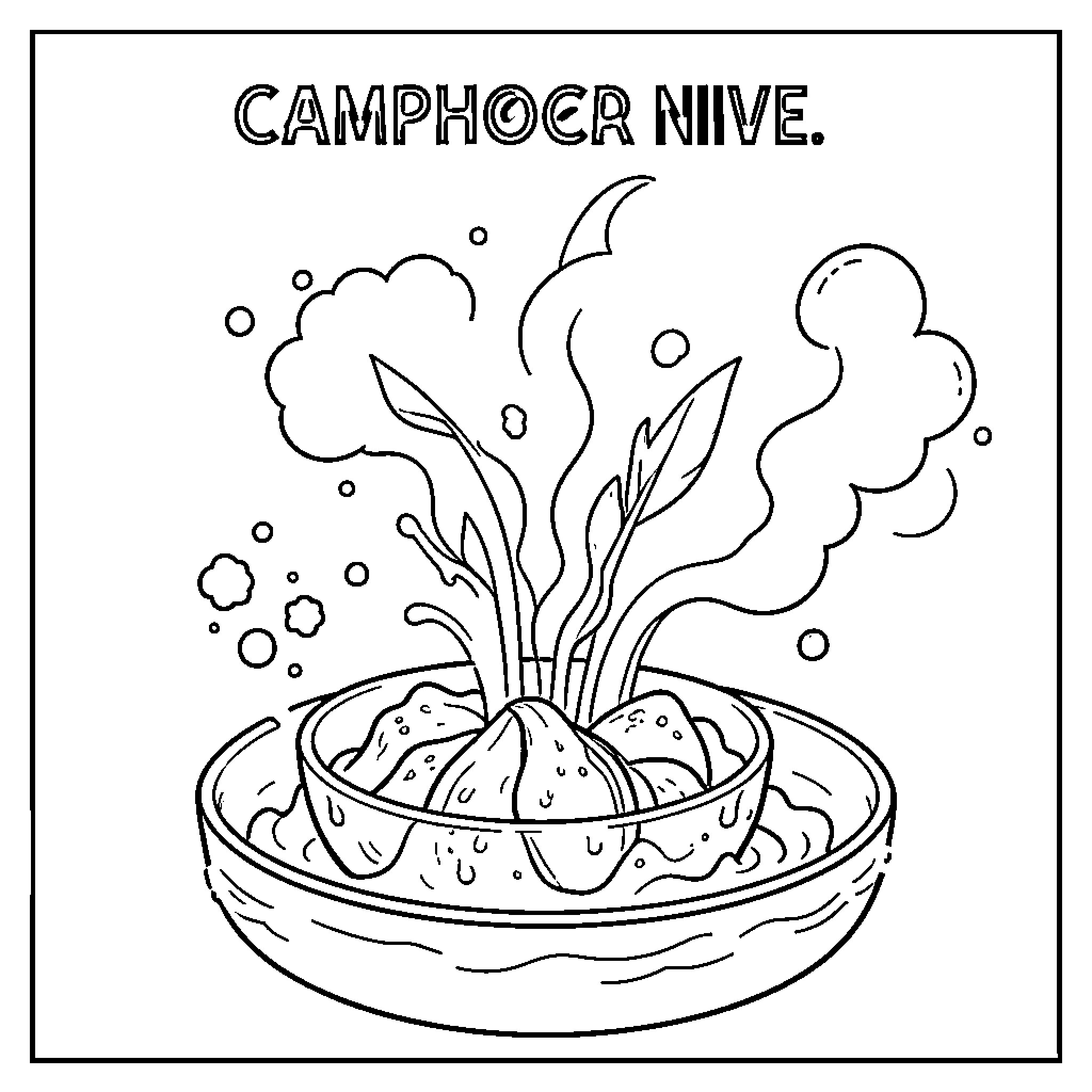 Camphor rising in swirling patterns from a small bowl Coloring Page (free black-and-white line drawing printable PDF for all, from beginners to advanced learners, including children, teens, adults, and seniors)