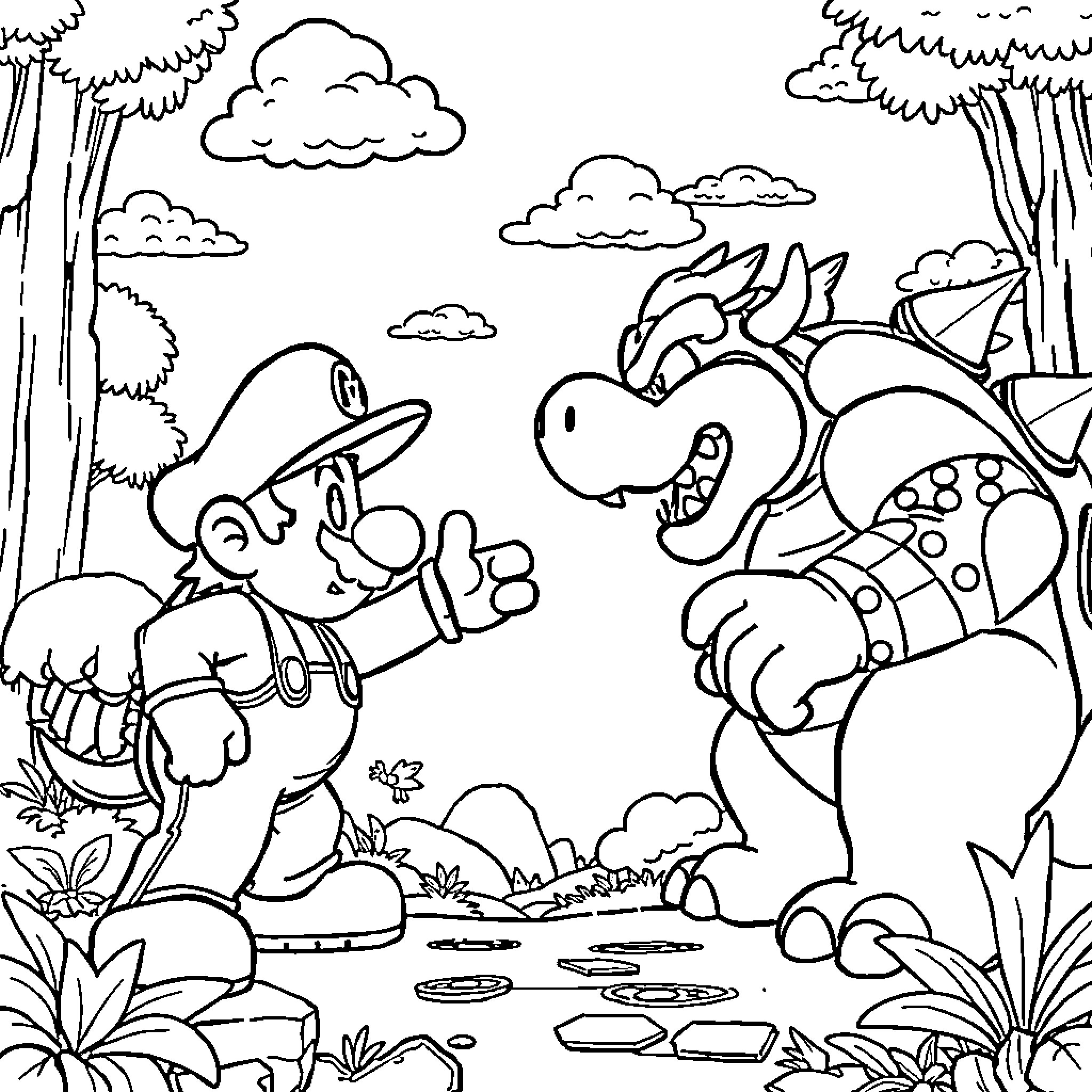 Mario's Adventure with Friendly Dinosaur in Forest Coloring Page (free black-and-white line drawing printable PDF for all, from beginners to advanced learners, including children, teens, adults, and seniors)