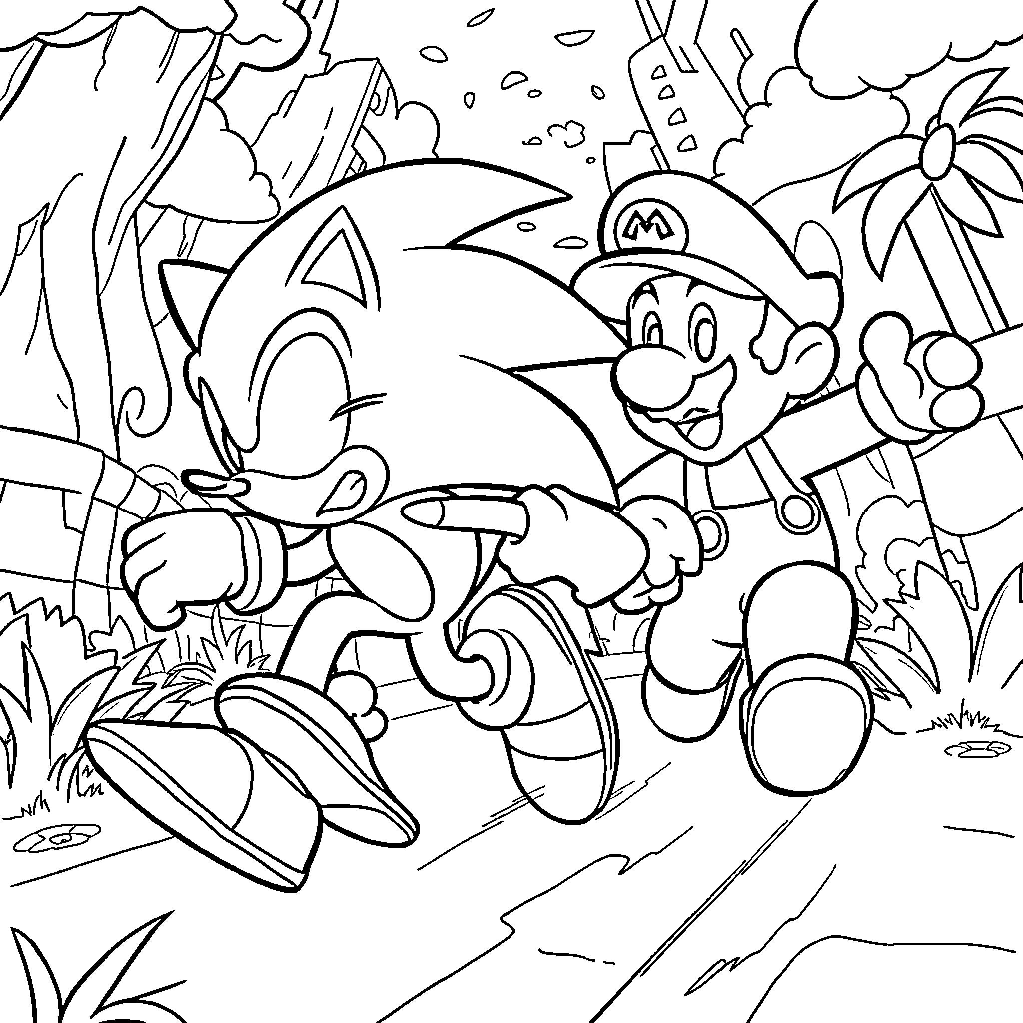 Sonic the Hedgehog racing through a lush environment Coloring Page (free black-and-white line drawing printable PDF for all, from beginners to advanced learners, including children, teens, adults, and seniors)