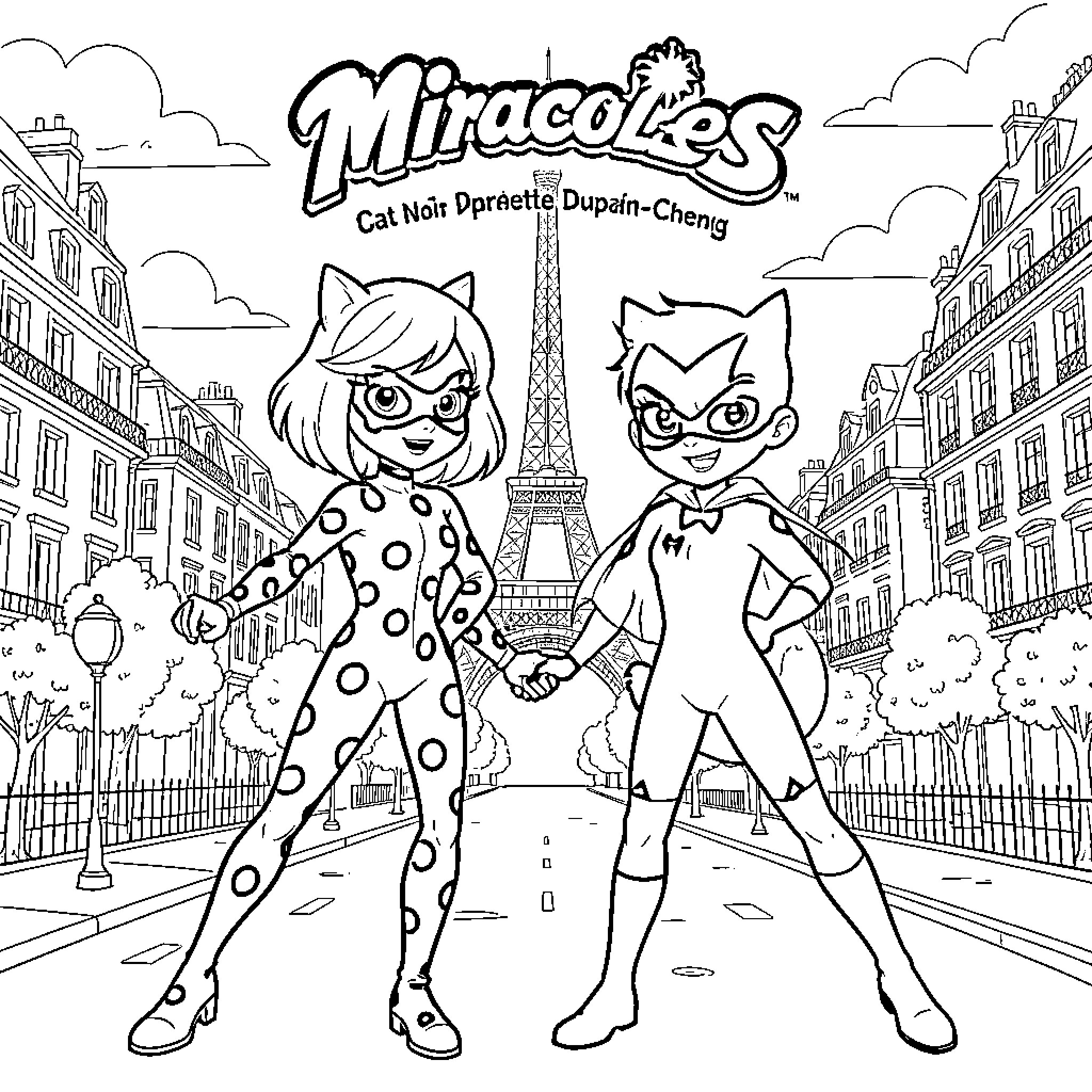 Miraculous characters standing together in front of Eiffel Tower Coloring Page (free black-and-white line drawing printable PDF for all, from beginners to advanced learners, including children, teens, adults, and seniors)