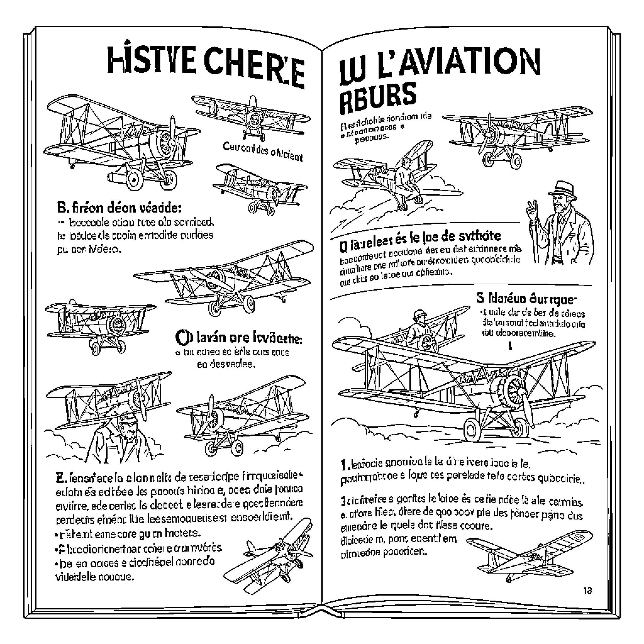 Aviation Vehicles and Scenes Depicted in Historical Drawing Coloring Page (free black-and-white line drawing printable PDF for all, from beginners to advanced learners, including children, teens, adults, and seniors)