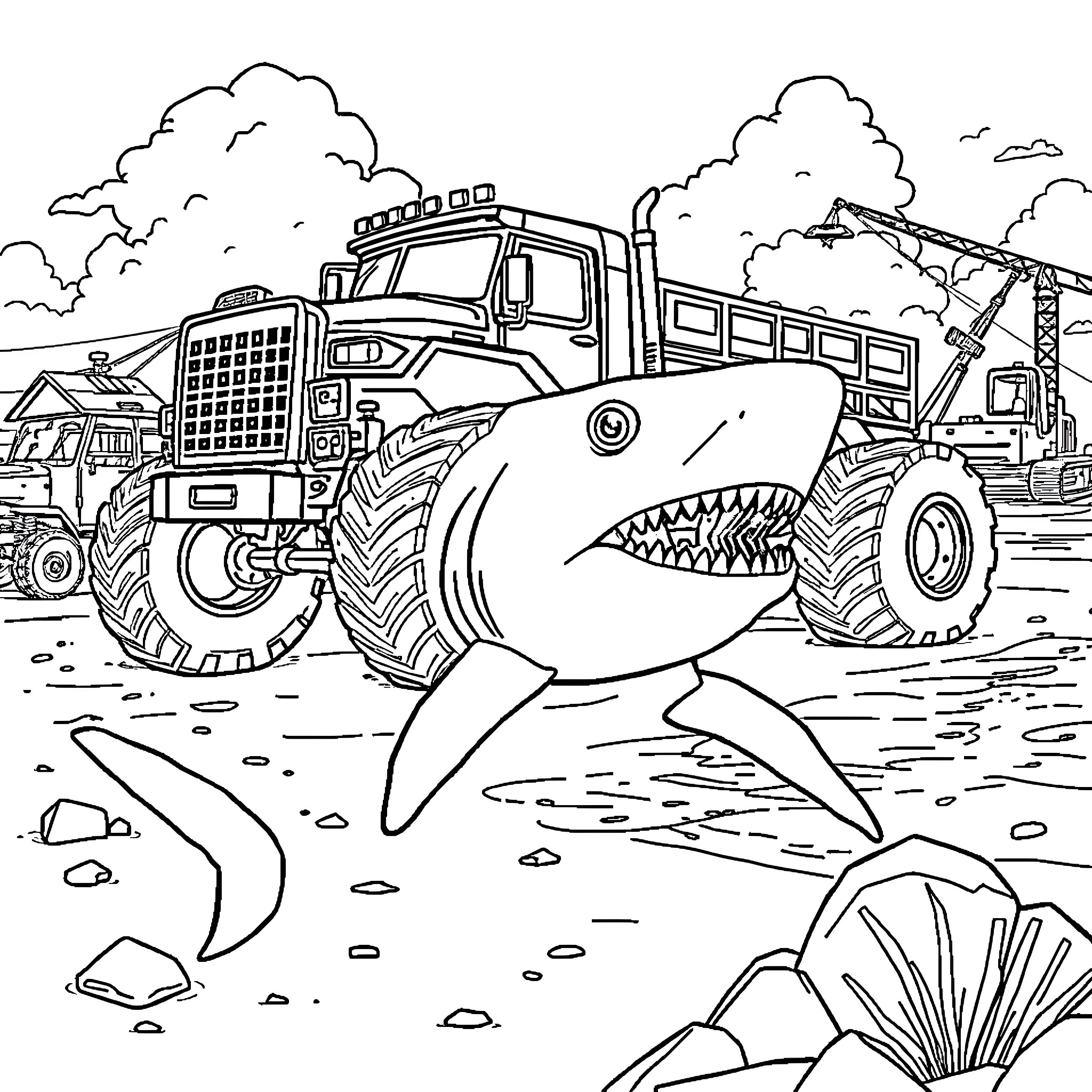 Monster Truck Battles Giant Shark in Rugged Terrain Coloring Page (free black-and-white line drawing printable PDF for all, from beginners to advanced learners, including children, teens, adults, and seniors)