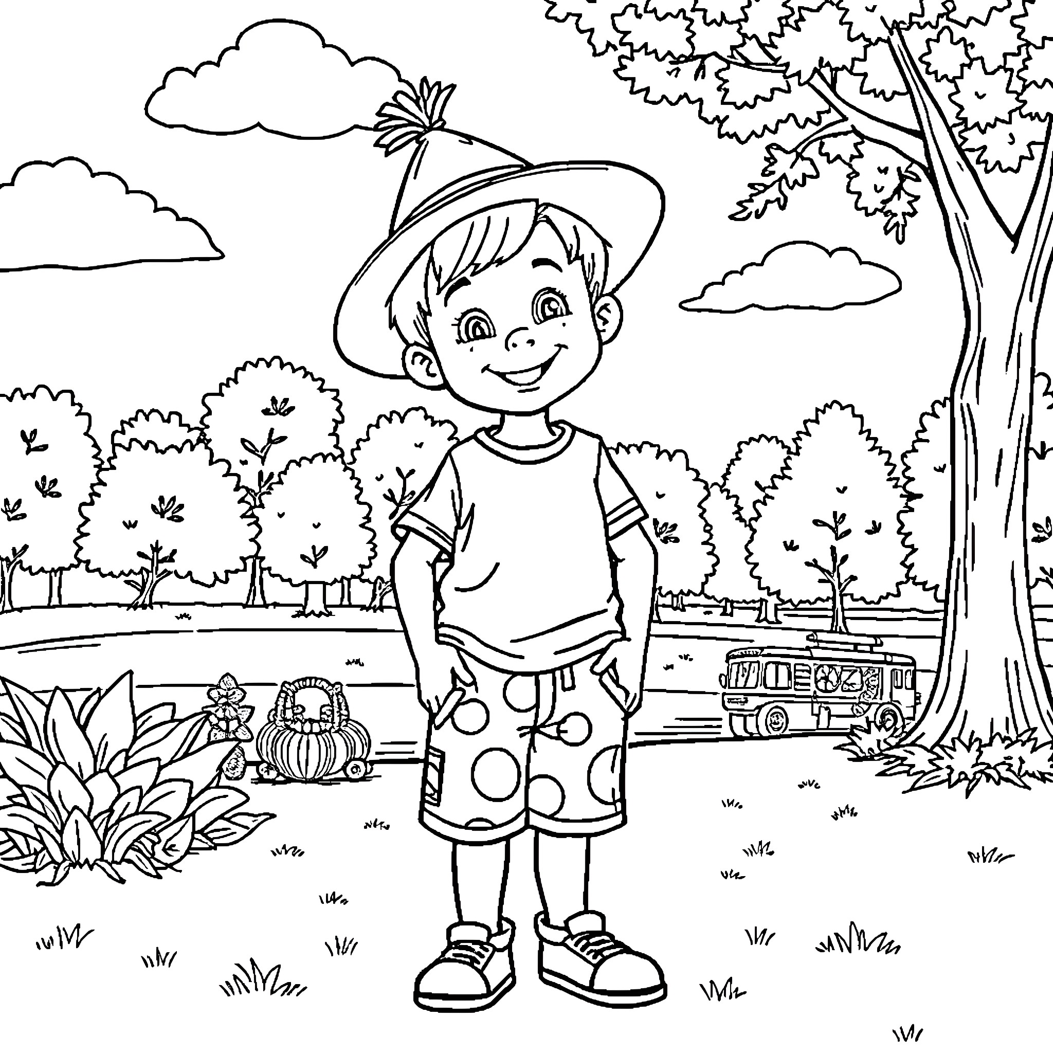 Boy enjoying the outdoors with toys Coloring Page (free black-and-white line drawing printable PDF for all, from beginners to advanced learners, including children, teens, adults, and seniors)