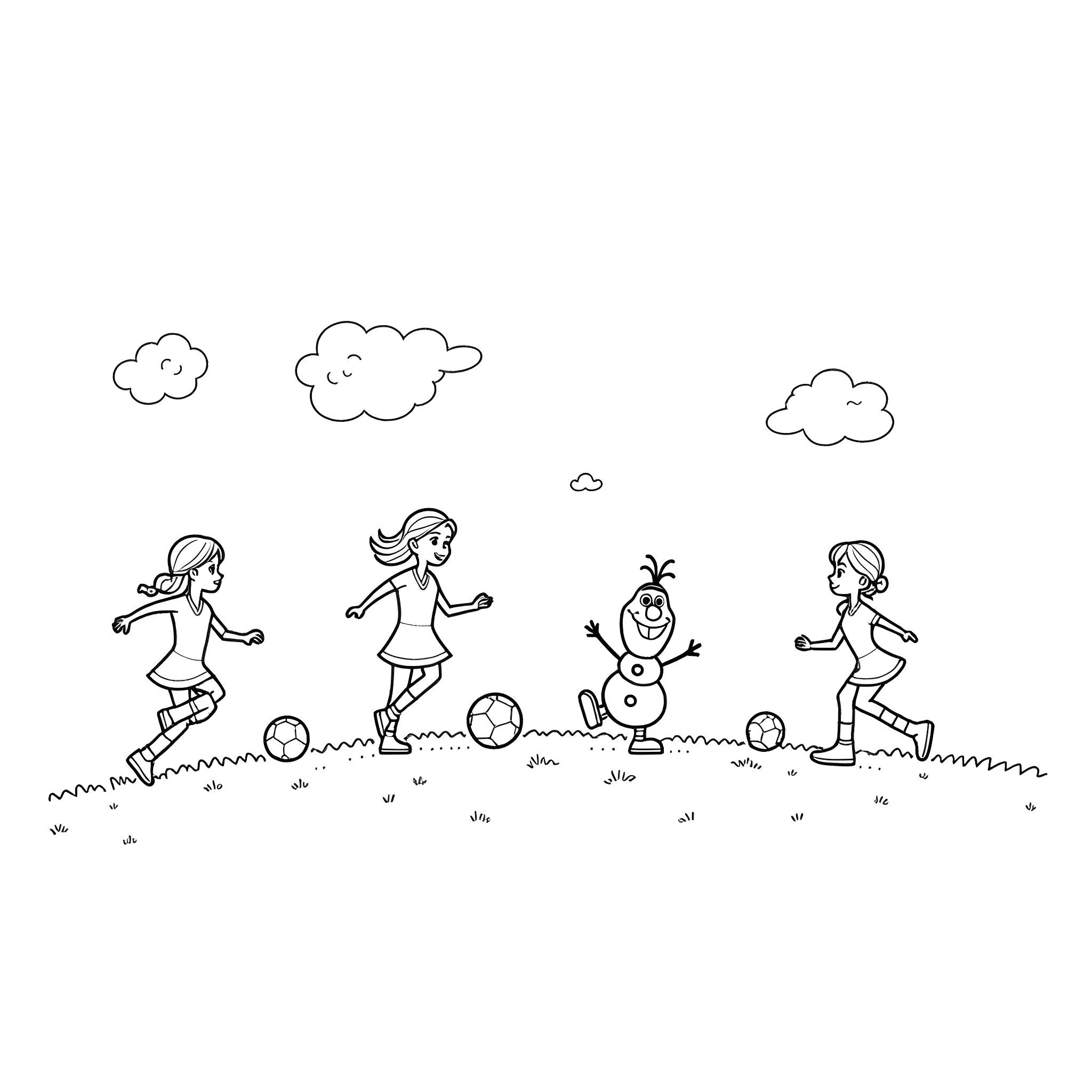 Elsa and friends playing in the park Coloring Page (free black-and-white line drawing printable PDF for all, from beginners to advanced learners, including children, teens, adults, and seniors)