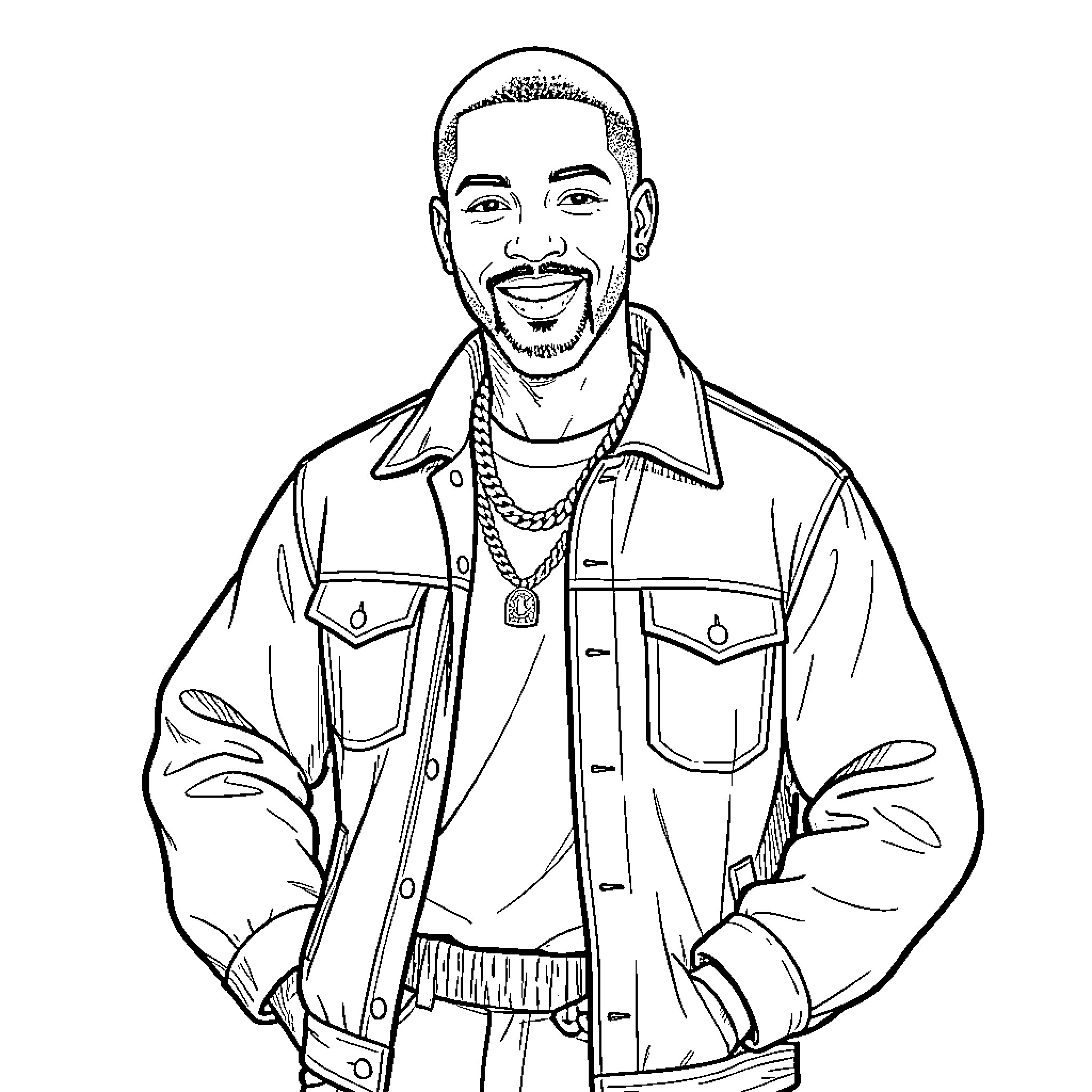 Tupac smiling while wearing a denim jacket and chains Coloring Page (free black-and-white line drawing printable PDF for all, from beginners to advanced learners, including children, teens, adults, and seniors)