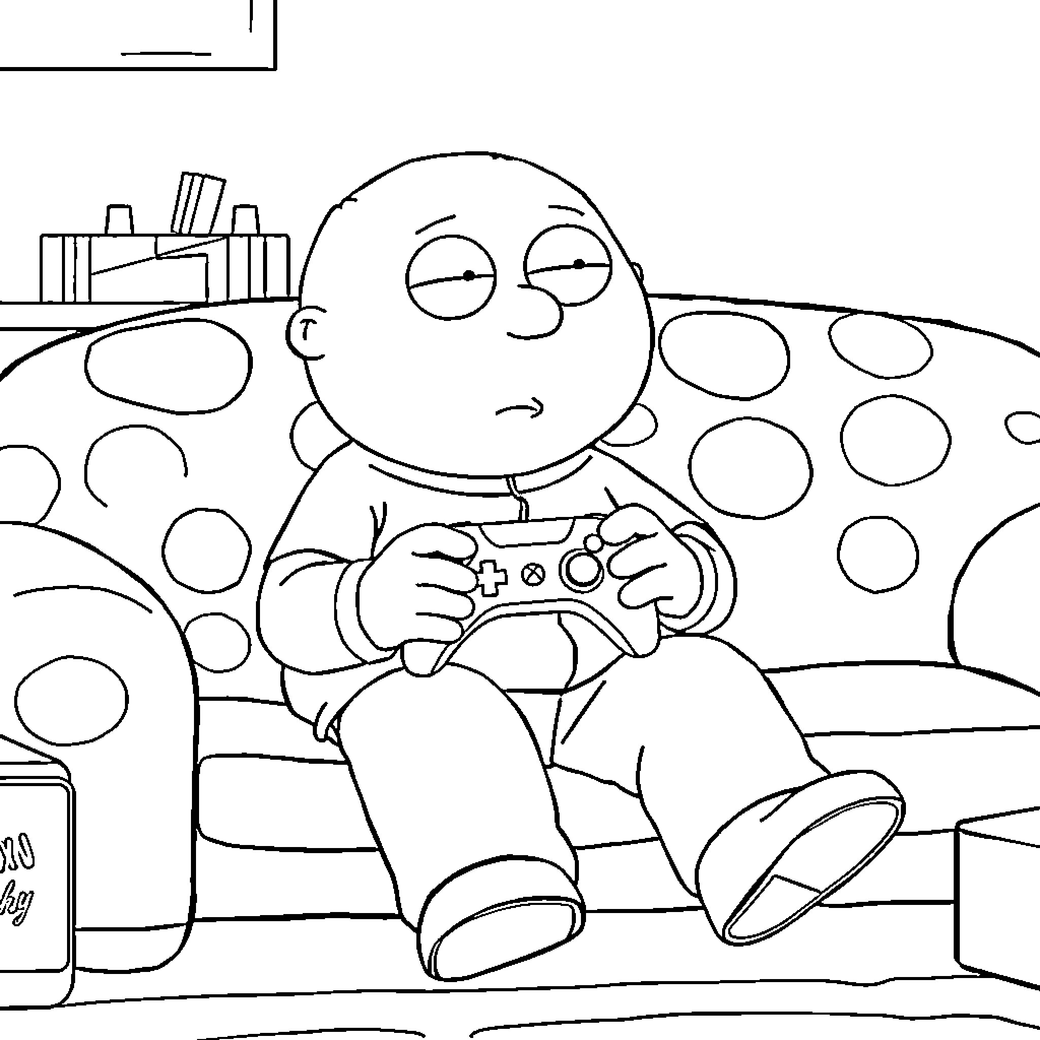 Stewie Griffin playing video games in his room Coloring Page (free black-and-white line drawing printable PDF for all, from beginners to advanced learners, including children, teens, adults, and seniors)