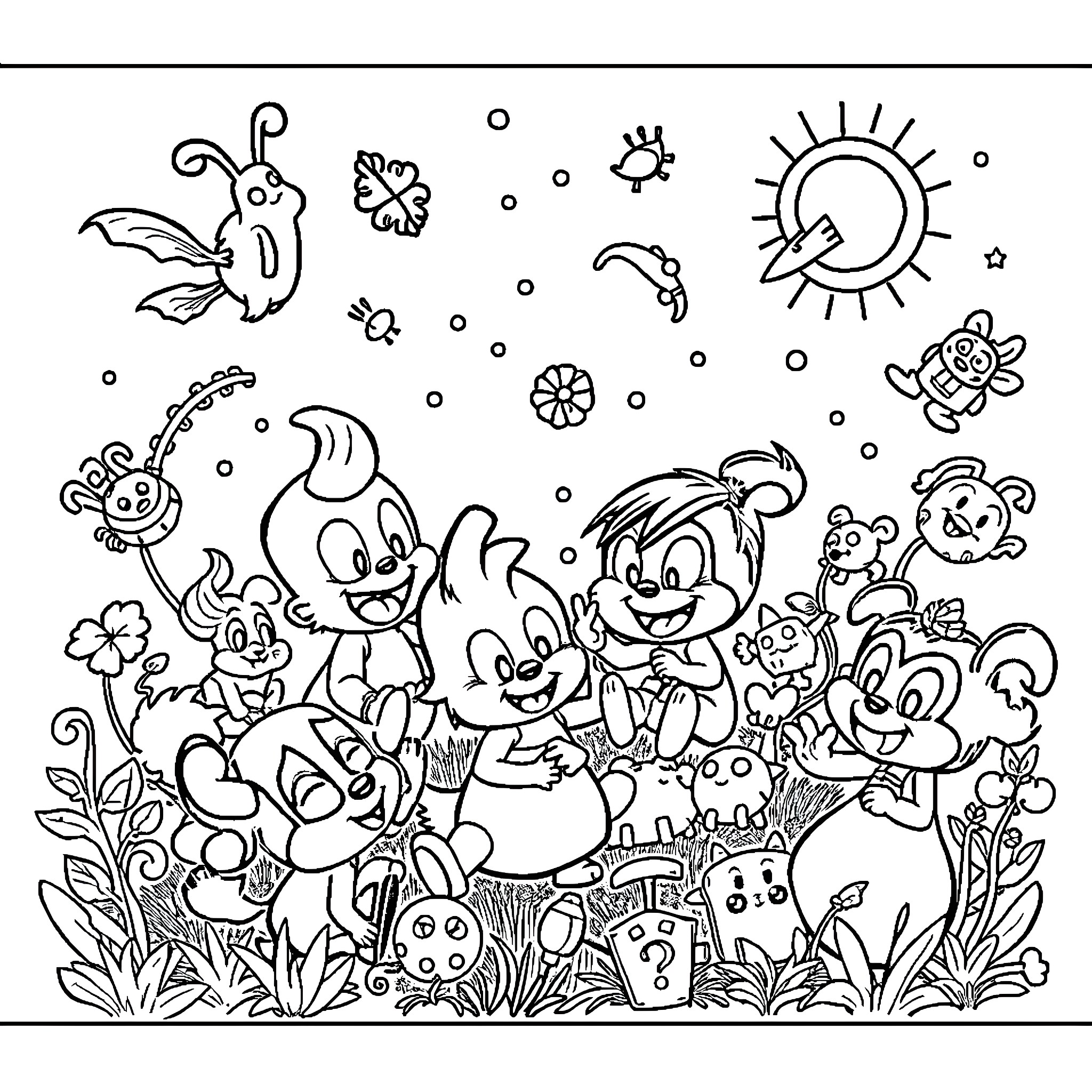 Sprunki playing with whimsical creatures in nature Coloring Page (free black-and-white line drawing printable PDF for all, from beginners to advanced learners, including children, teens, adults, and seniors)