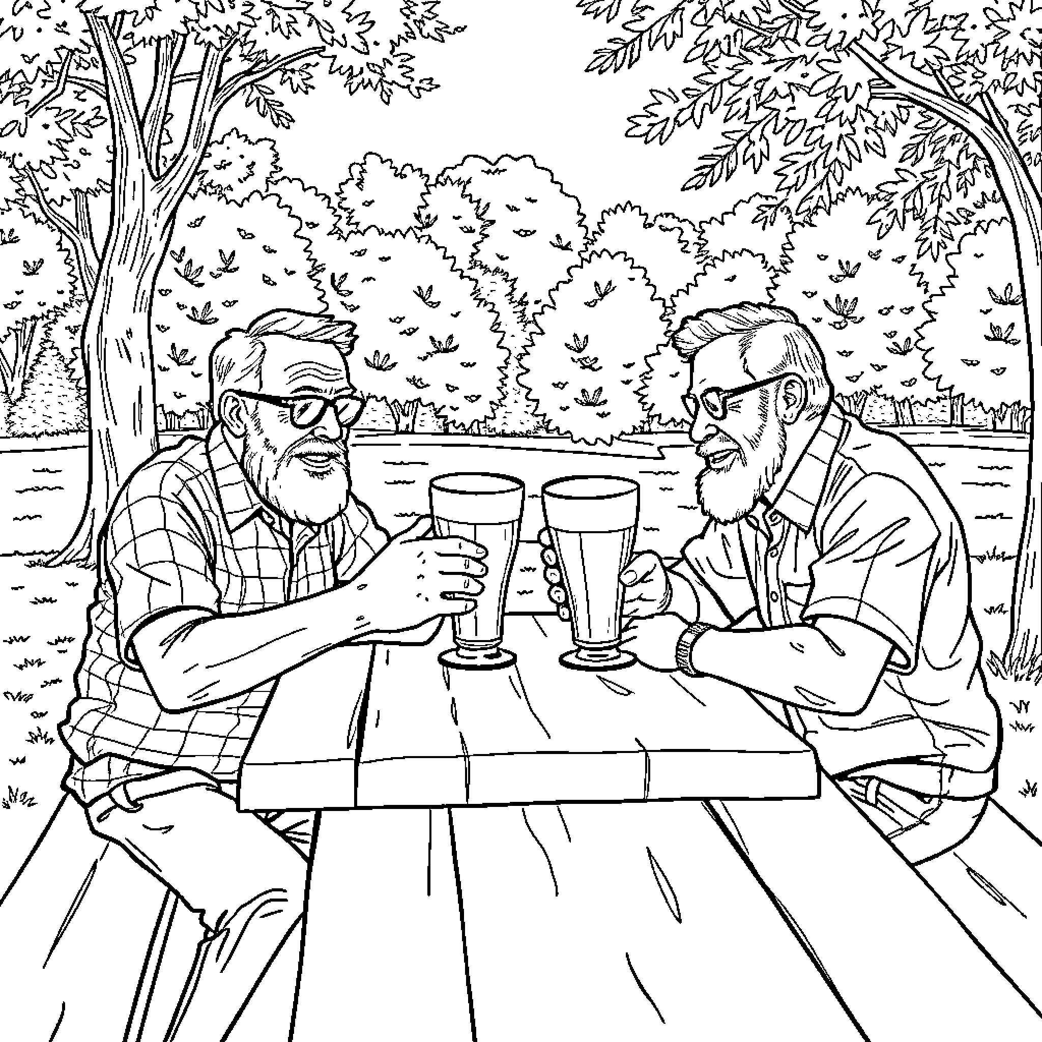Granddad Sharing a Pint with Friend in the Park Coloring Page (free black-and-white line drawing printable PDF for all, from beginners to advanced learners, including children, teens, adults, and seniors)