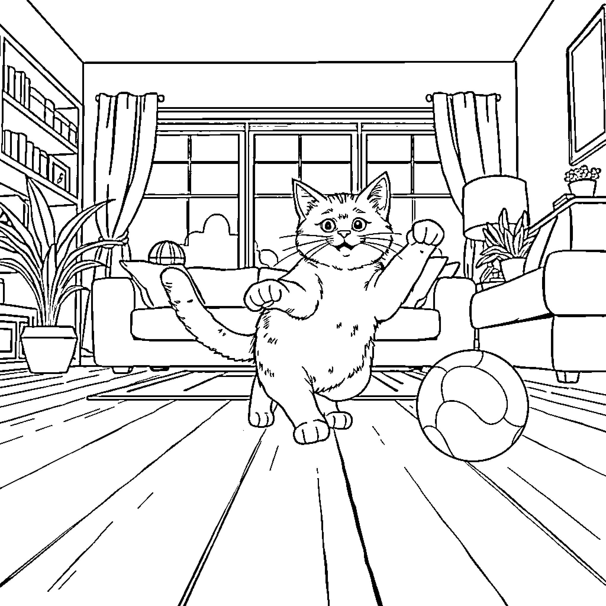 Cat stretching and posing in a cozy room Coloring Page (free black-and-white line drawing printable PDF for all, from beginners to advanced learners, including children, teens, adults, and seniors)