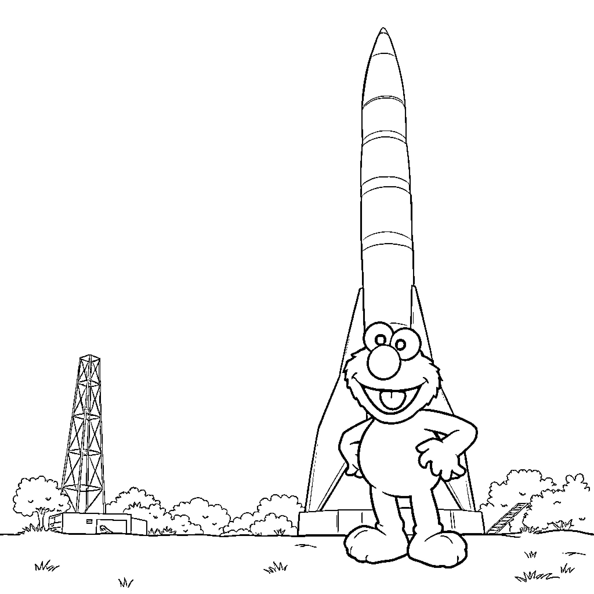 Elmo Excited about Rocket Launch in Landscape Coloring Page (free black-and-white line drawing printable PDF for all, from beginners to advanced learners, including children, teens, adults, and seniors)