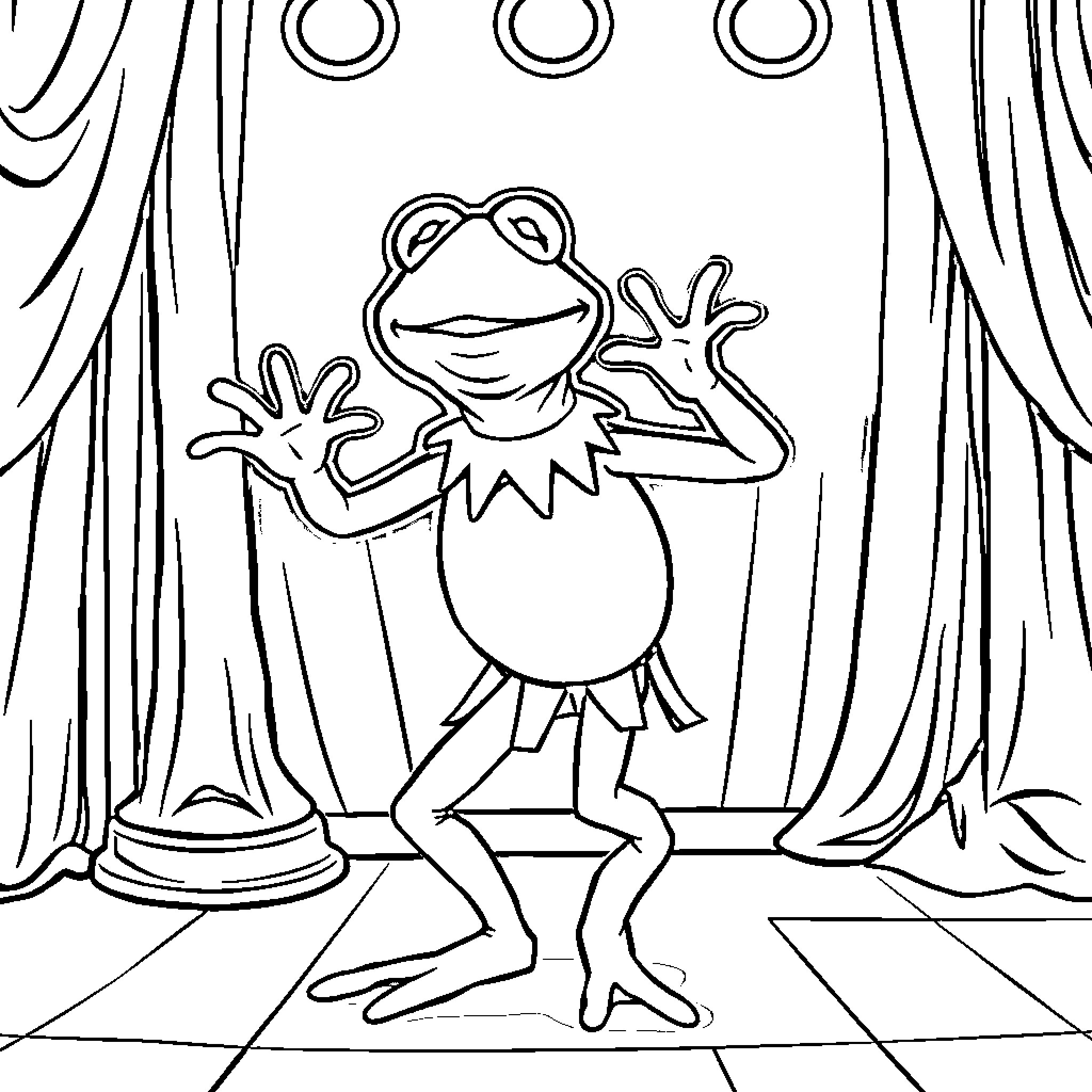 Kermit the Frog performing on stage Coloring Page (free black-and-white line drawing printable PDF for all, from beginners to advanced learners, including children, teens, adults, and seniors)