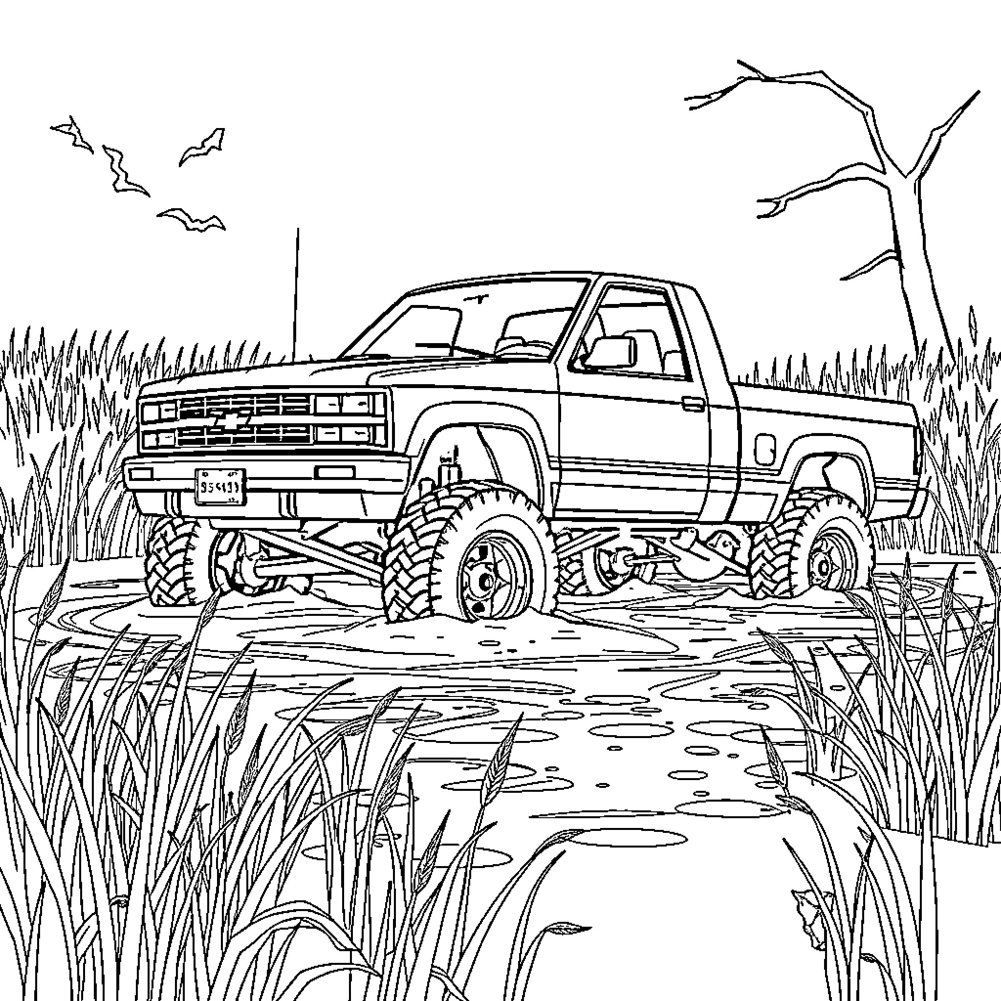 Chevy S10 Truck Navigating Muddy Terrain Coloring Page (free black-and-white line drawing printable PDF for all, from beginners to advanced learners, including children, teens, adults, and seniors)