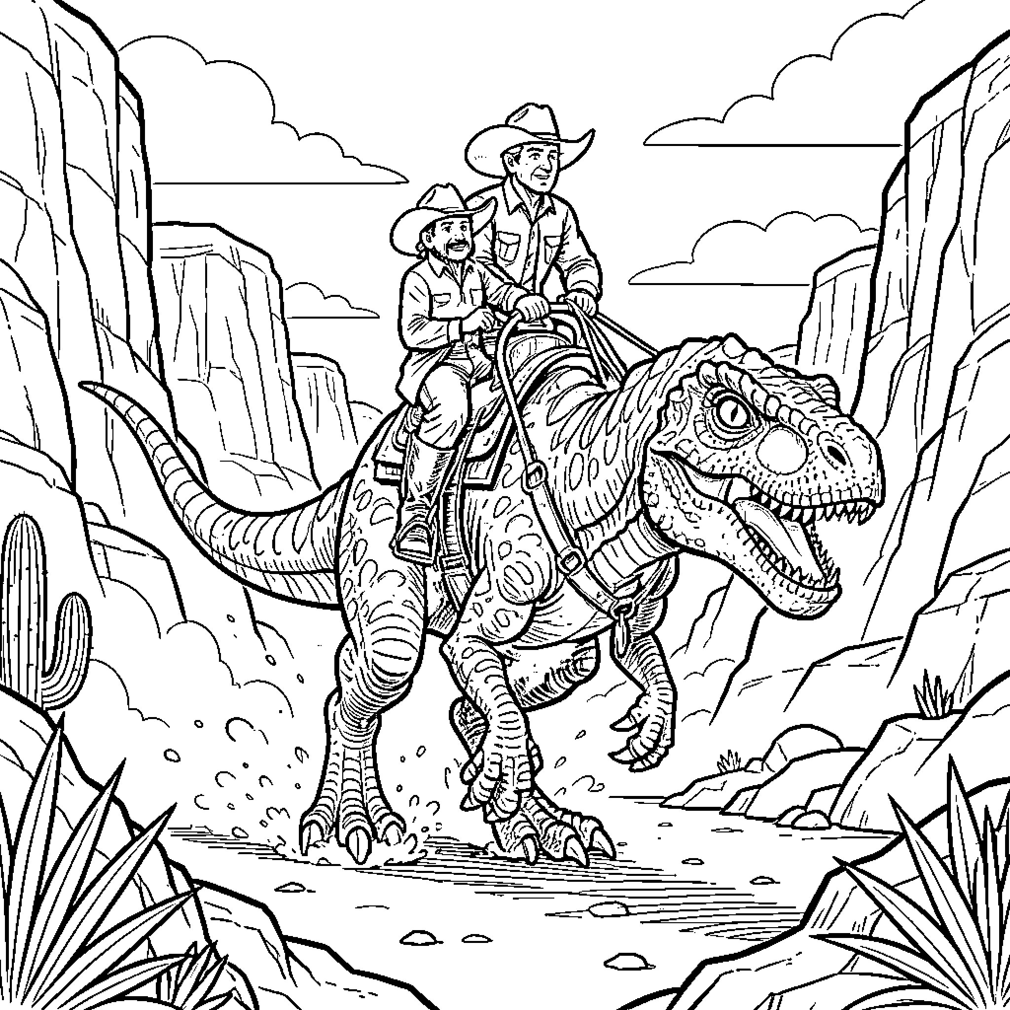 Cowboy duo on a prehistoric dinosaur adventure Coloring Page (free black-and-white line drawing printable PDF for all, from beginners to advanced learners, including children, teens, adults, and seniors)
