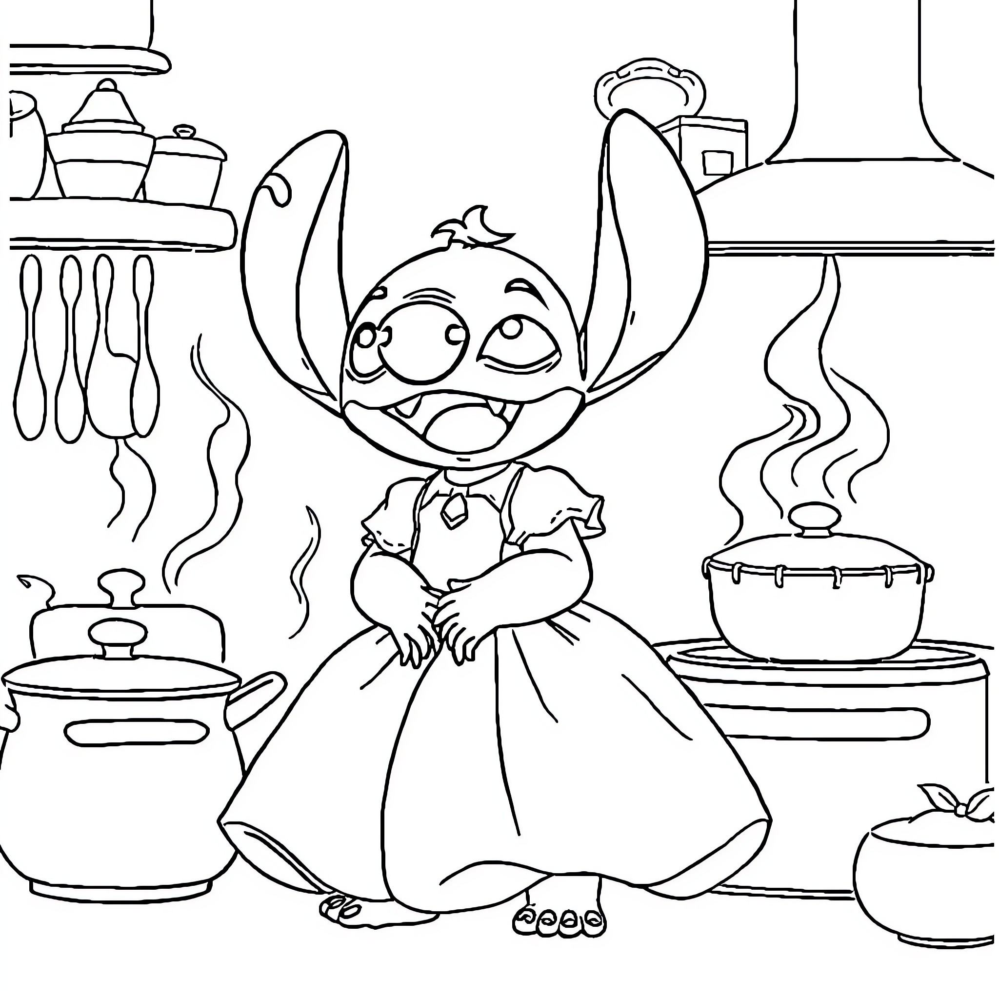 Stitch cooking joyfully in a kitchen Coloring Page (free black-and-white line drawing printable PDF for all, from beginners to advanced learners, including children, teens, adults, and seniors)