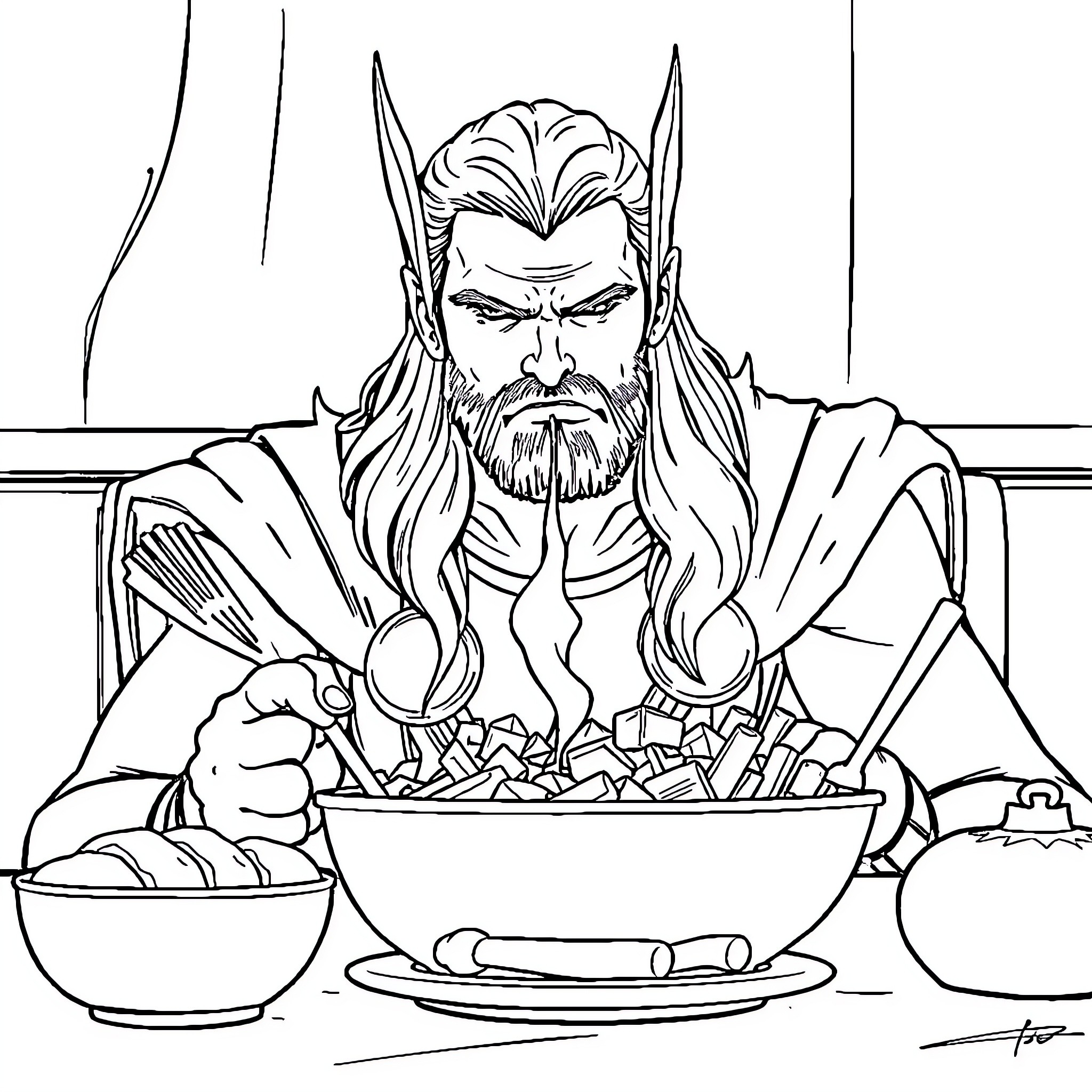 Thor Enjoying a Hearty Meal Coloring Page (free black-and-white line drawing printable PDF for all, from beginners to advanced learners, including children, teens, adults, and seniors)
