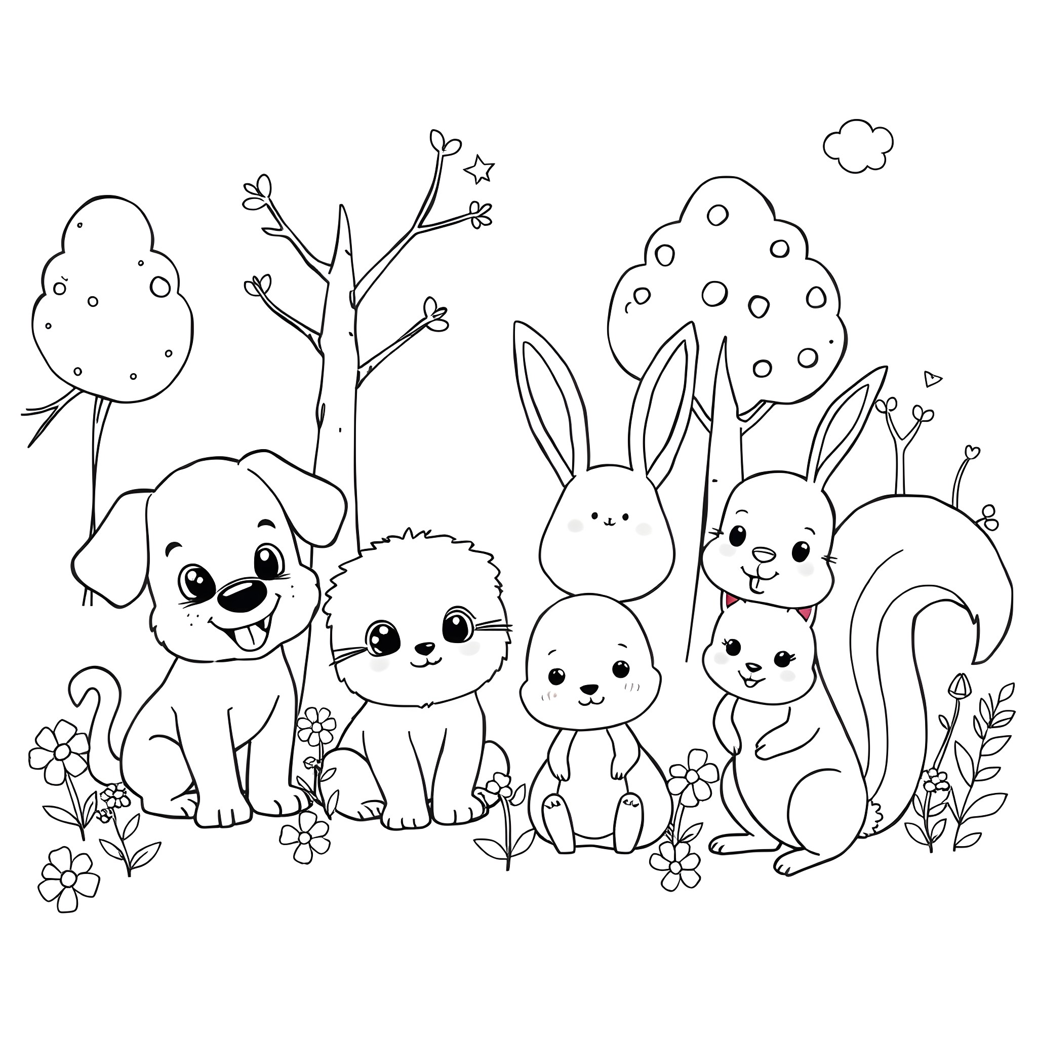 Animal friends gather in the woods Coloring Page (free black-and-white line drawing printable PDF for all, from beginners to advanced learners, including children, teens, adults, and seniors)