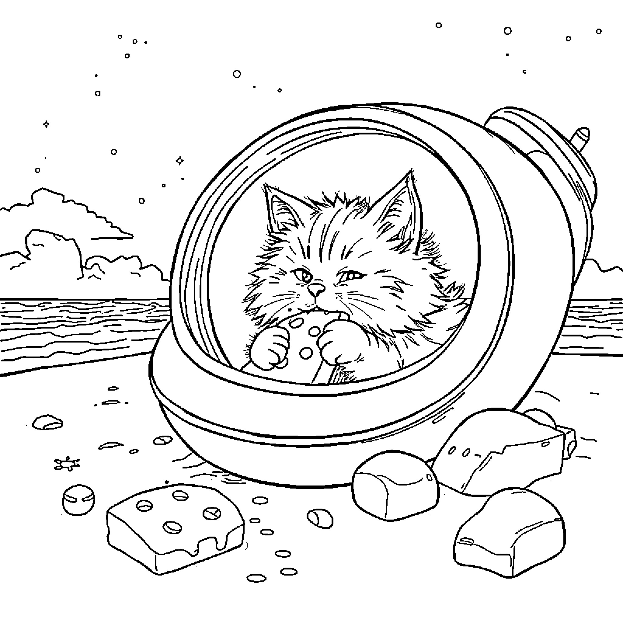 Cat in futuristic capsule on alien planet Coloring Page (free black-and-white line drawing printable PDF for all, from beginners to advanced learners, including children, teens, adults, and seniors)