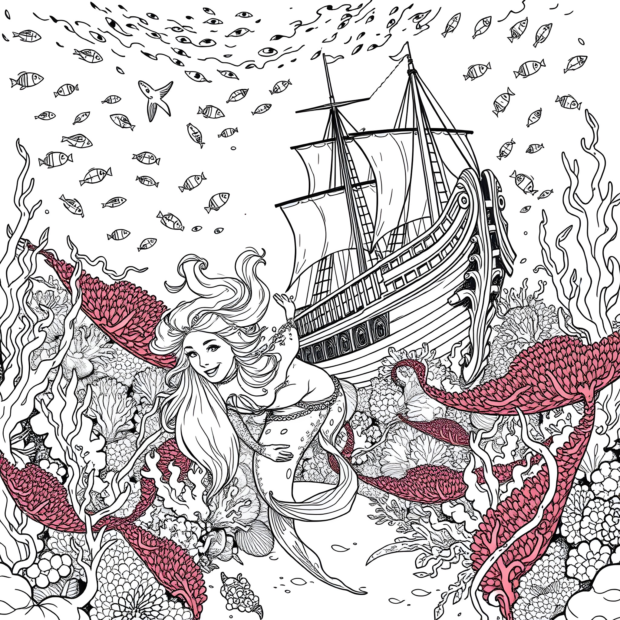 Mermaid Enchanting the Sailor's Ship at Sea Coloring Page (free black-and-white line drawing printable PDF for all, from beginners to advanced learners, including children, teens, adults, and seniors)